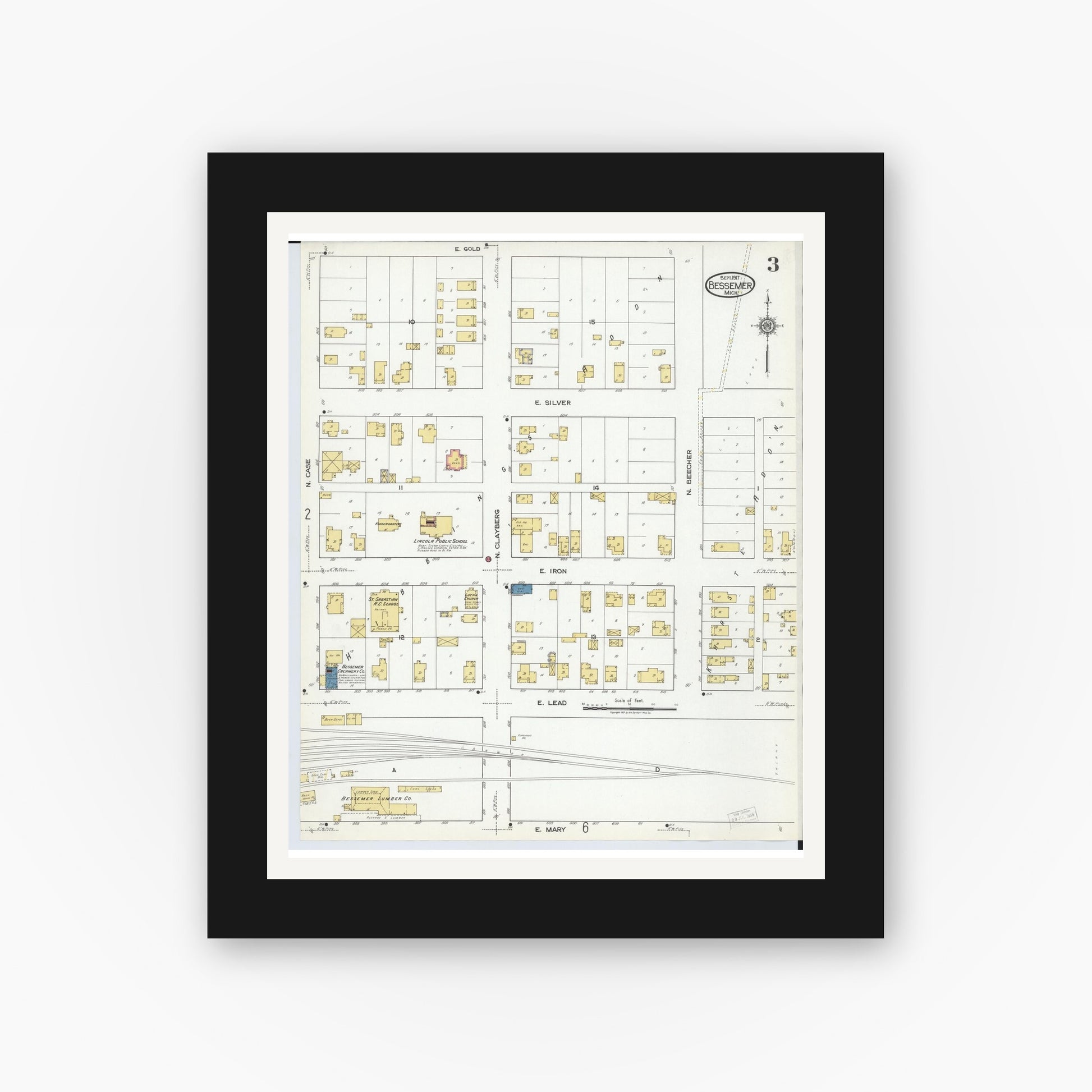 Old map wall art mockup — black gallery frame with white mat — Sanborn Fire Insurance Map from Bessemer, Gogebic County, Michigan (1917), Sheet #0003