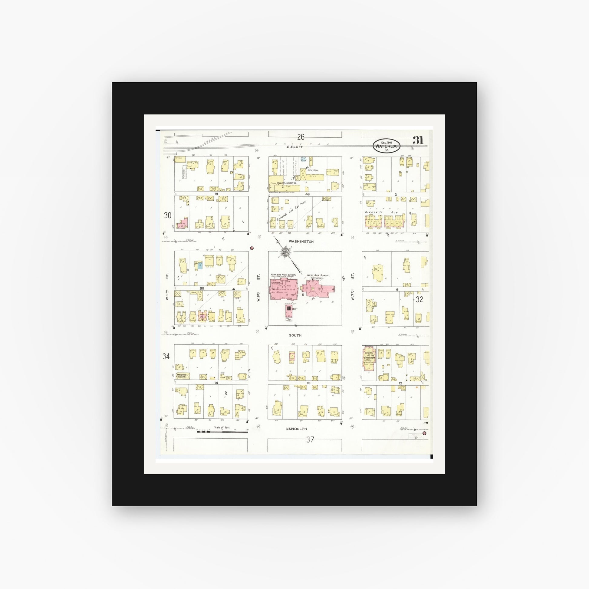 Old map wall art mockup — black gallery frame with white mat — Sanborn Fire Insurance Map from Waterloo, Black Hawk County, Iowa (1910), Sheet #0031