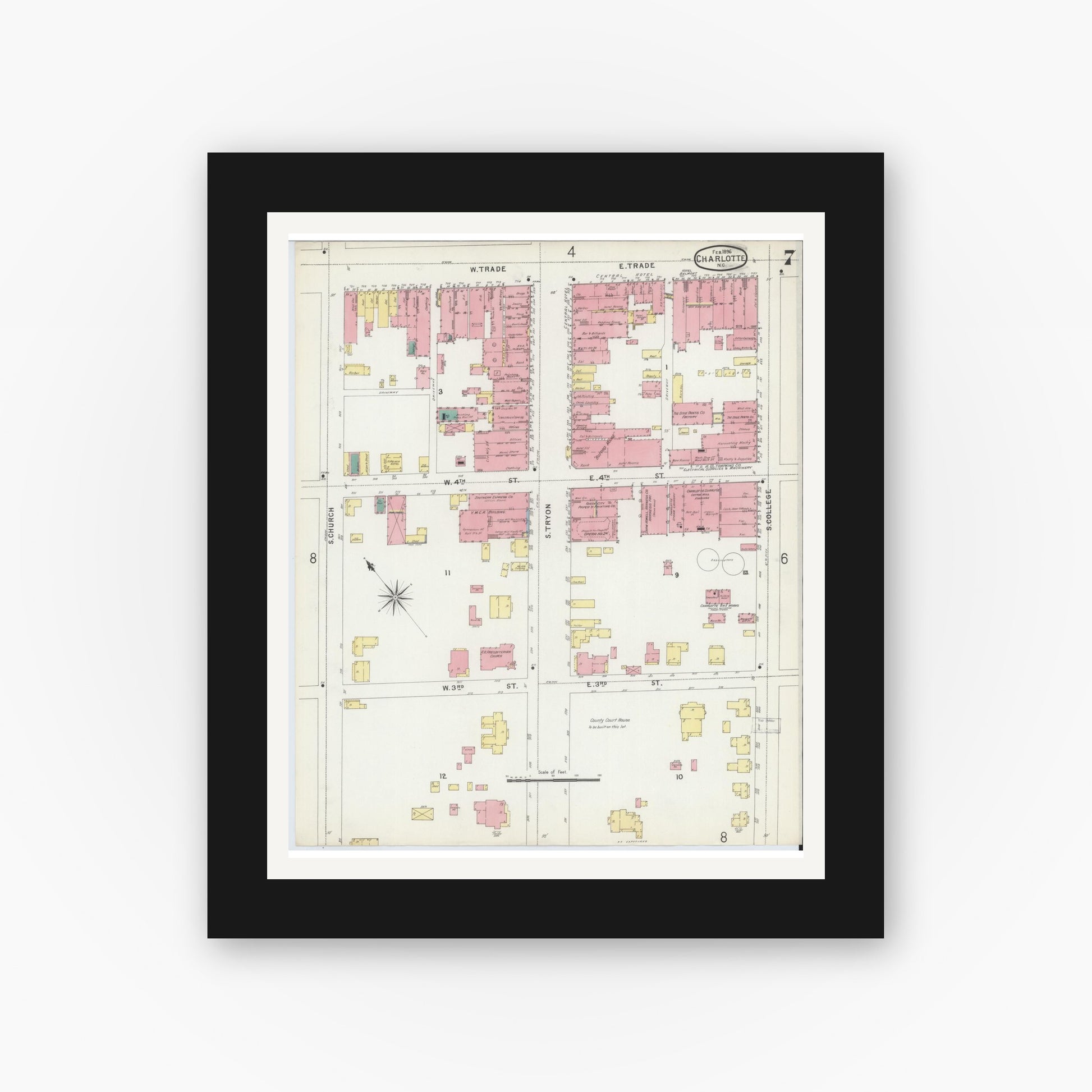 Old map wall art mockup — black gallery frame with white mat — Sanborn Fire Insurance Map from Charlotte, Mecklenburg County, North Carolina (1896), Sheet #0007