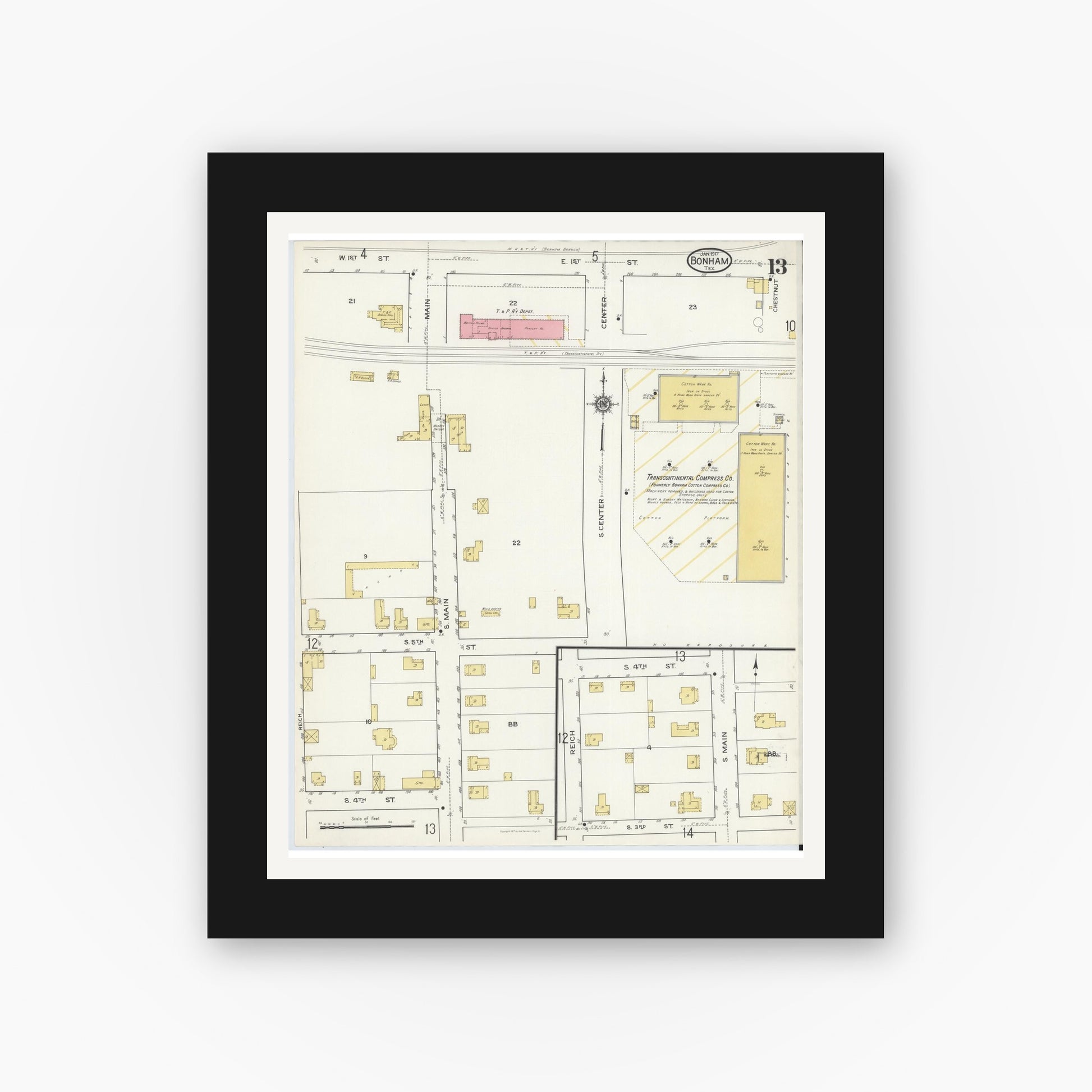 Old map wall art mockup — black gallery frame with white mat — Sanborn Fire Insurance Map from Bonham, Fannin County, Texas (1917), Sheet #0013