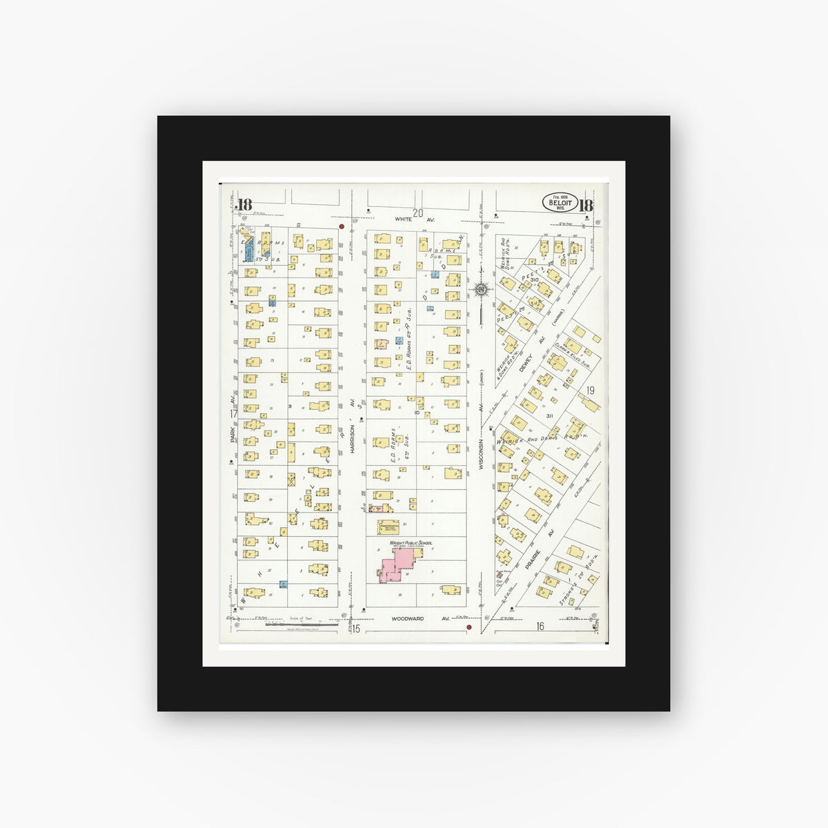 Old map wall art mockup — black gallery frame with white mat — Sanborn Fire Insurance Map from Beloit, Rock County, Wisconsin (1926), Sheet #0018