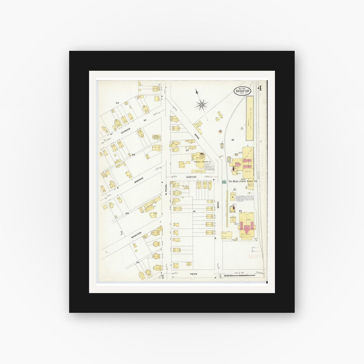 Old map wall art mockup — black gallery frame with white mat — Sanborn Fire Insurance Map from Bridgeton, Cumberland County, New Jersey (1908), Sheet #0004
