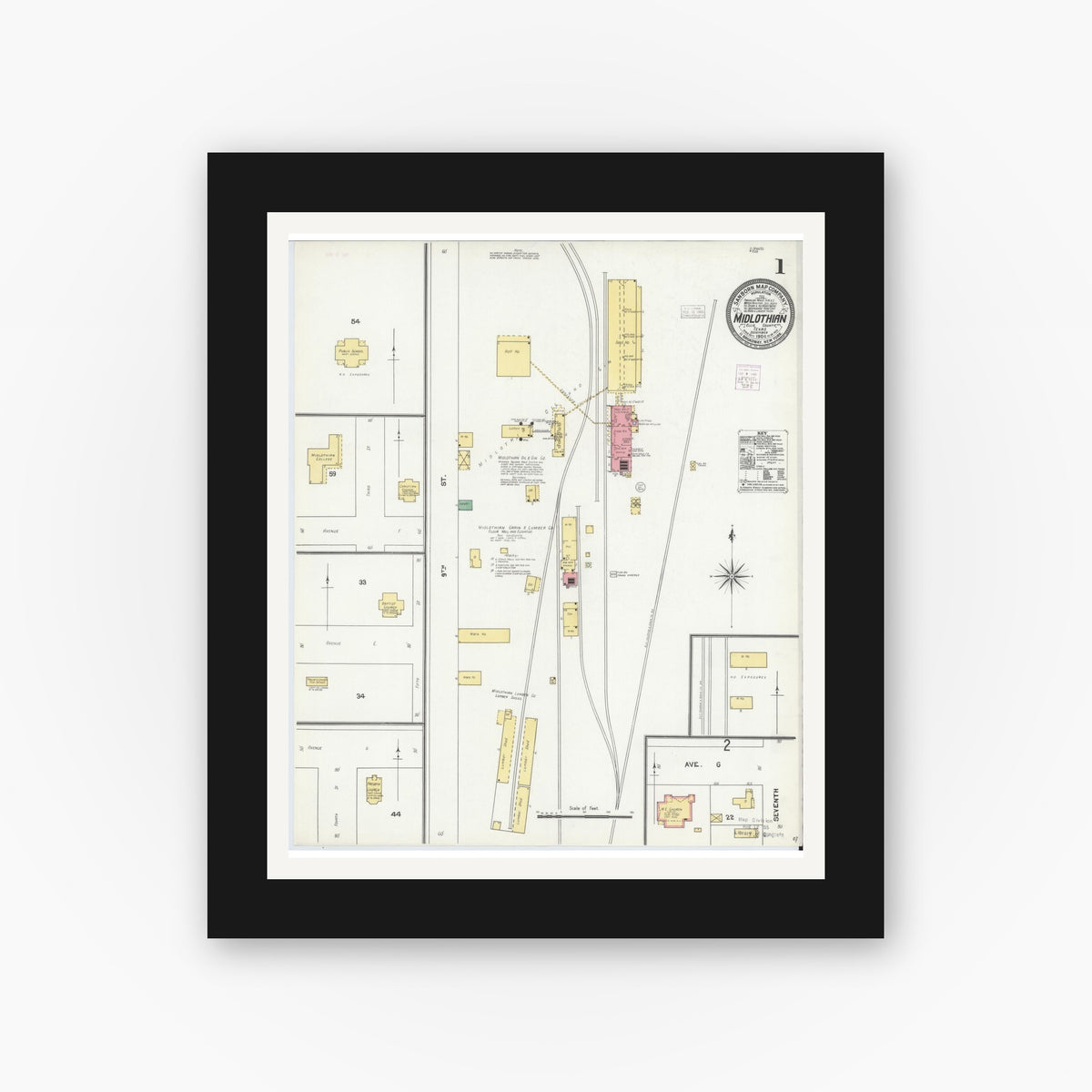 Old map wall art mockup — black gallery frame with white mat — Sanborn Fire Insurance Map from Midlothian, Ellis County, Texas (1904) - Complete Map Set