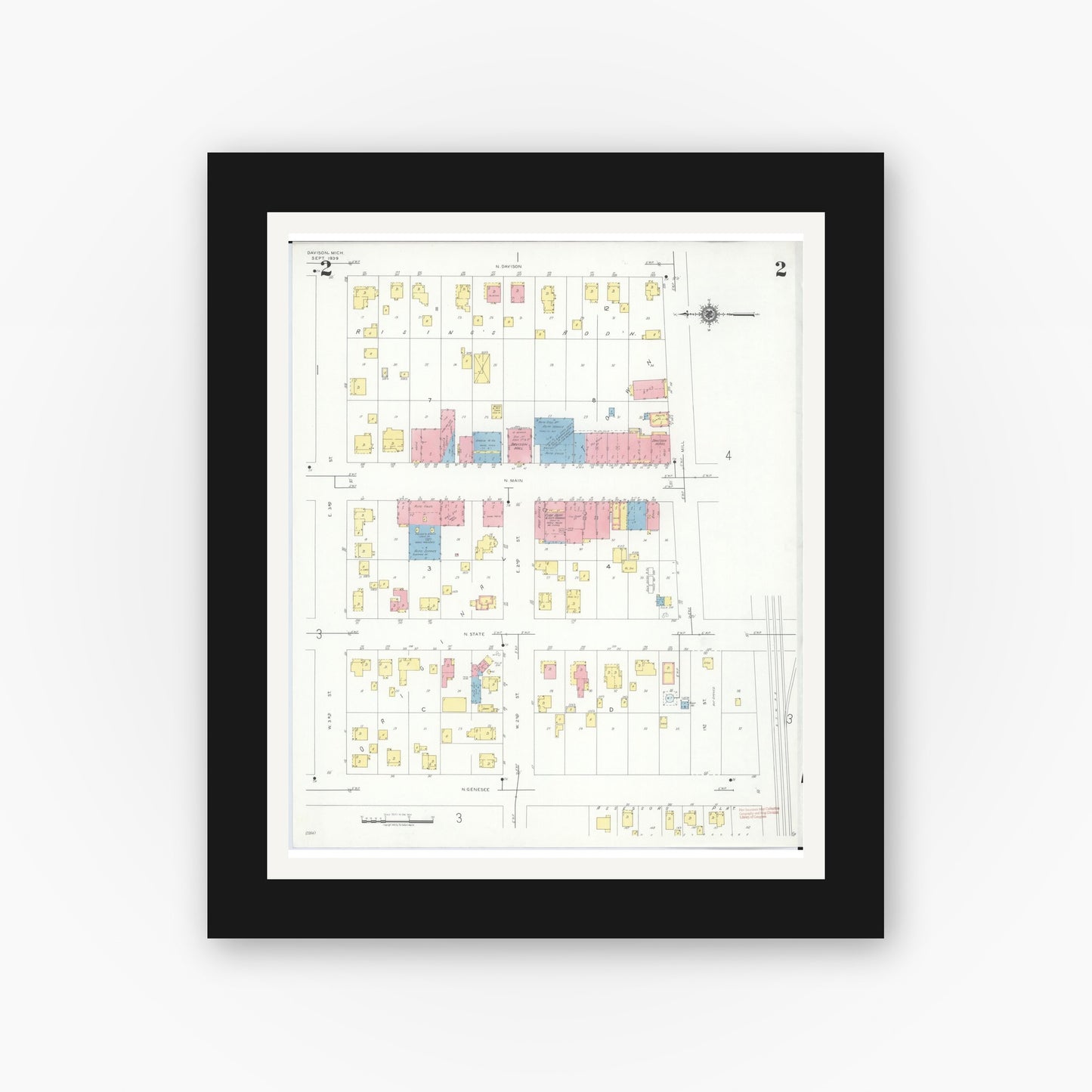 Old map wall art mockup — black gallery frame with white mat — Sanborn Fire Insurance Map from Davison, Genesee County, Michigan (1939), Sheet #0002