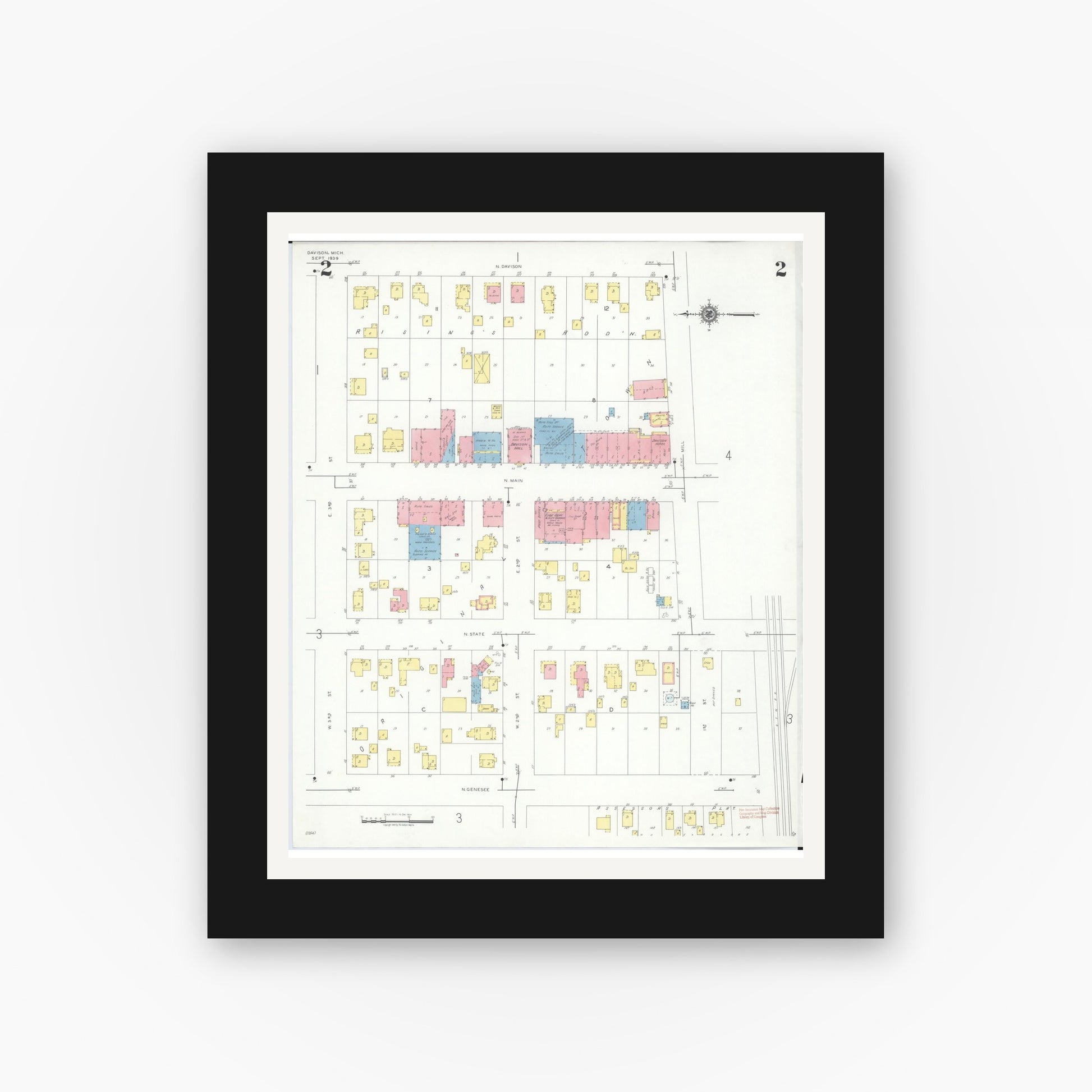 Old map wall art mockup — black gallery frame with white mat — Sanborn Fire Insurance Map from Davison, Genesee County, Michigan (1939), Sheet #0002