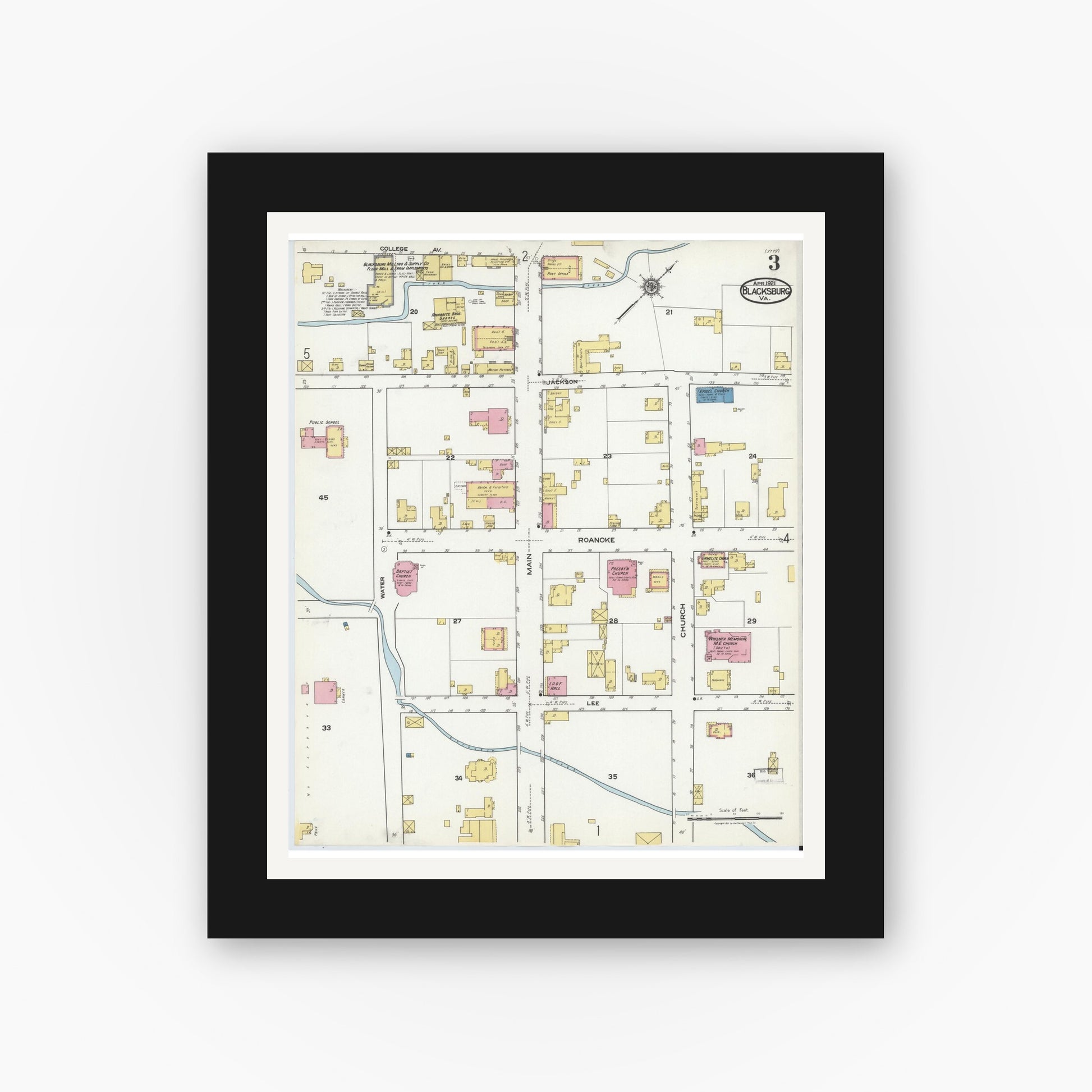 Old map wall art mockup — black gallery frame with white mat — Sanborn Fire Insurance Map from Blacksburg, Montgomery County, Virginia (1921), Sheet #0003