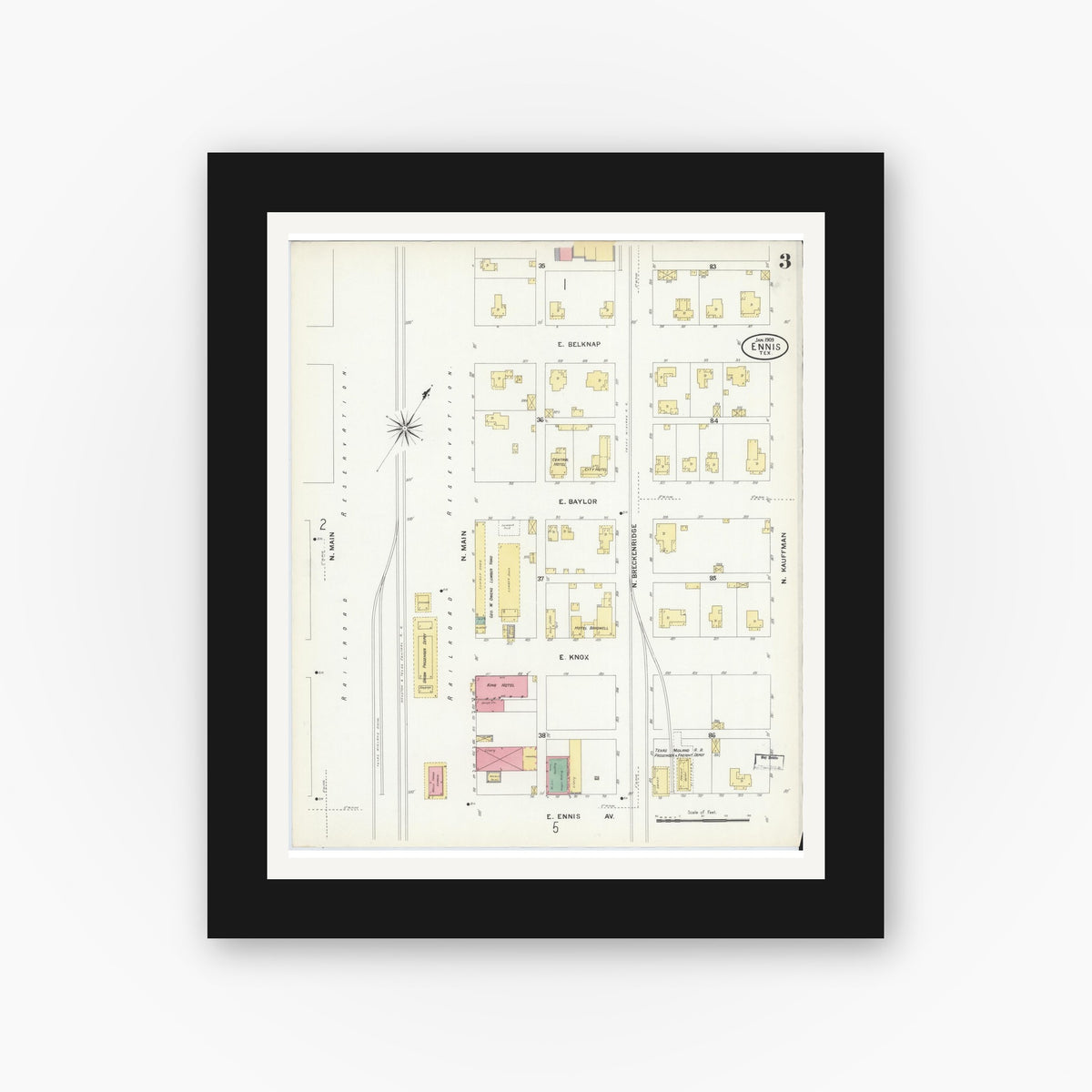 Old map wall art mockup — black gallery frame with white mat — Sanborn Fire Insurance Map from Ennis, Ellis County, Texas (1909), Sheet #0003