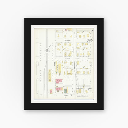 Old map wall art mockup — black gallery frame with white mat — Sanborn Fire Insurance Map from Ennis, Ellis County, Texas (1909), Sheet #0003