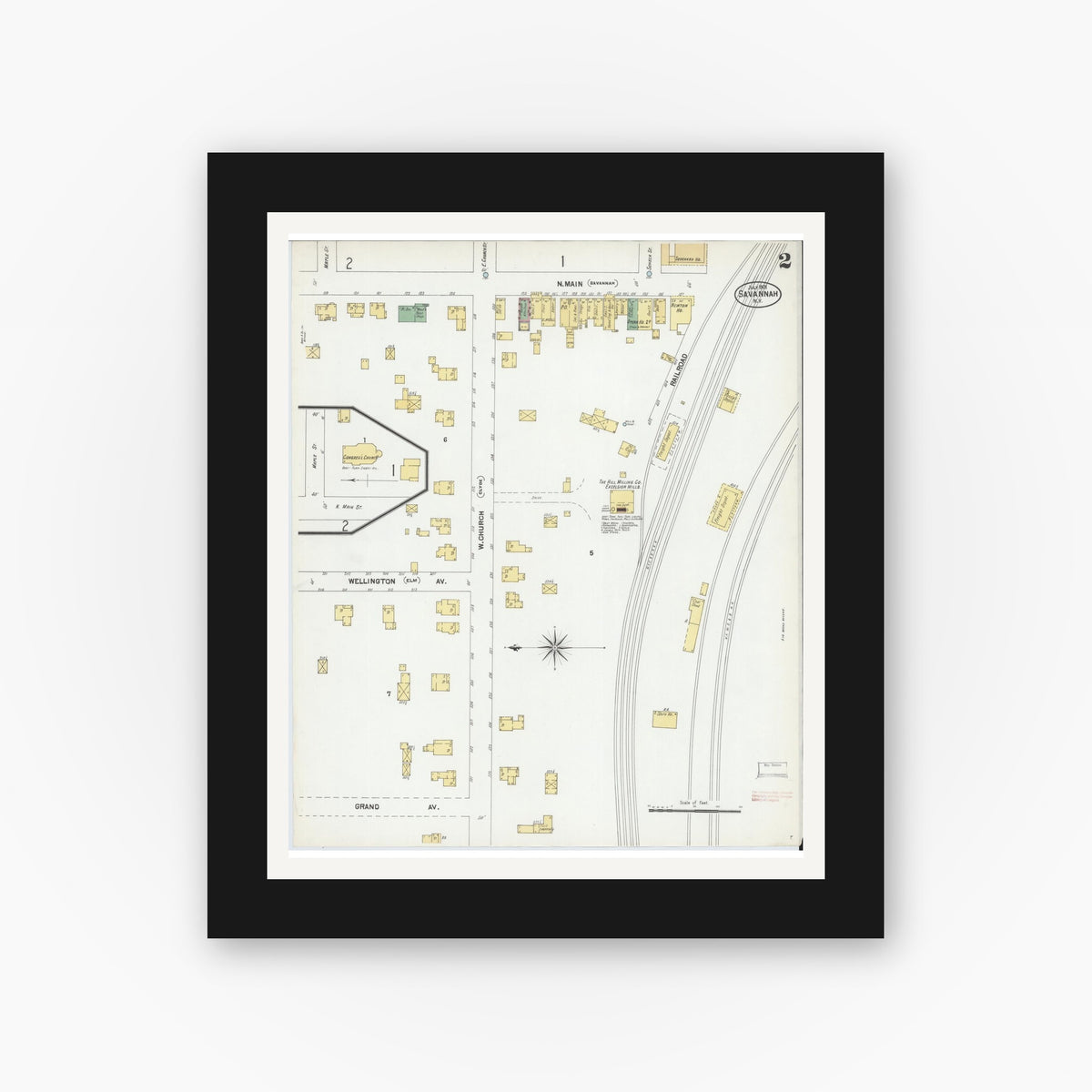Old map wall art mockup — black gallery frame with white mat — Sanborn Fire Insurance Map from Savannah, Wayne County, New York (1901), Sheet #0002