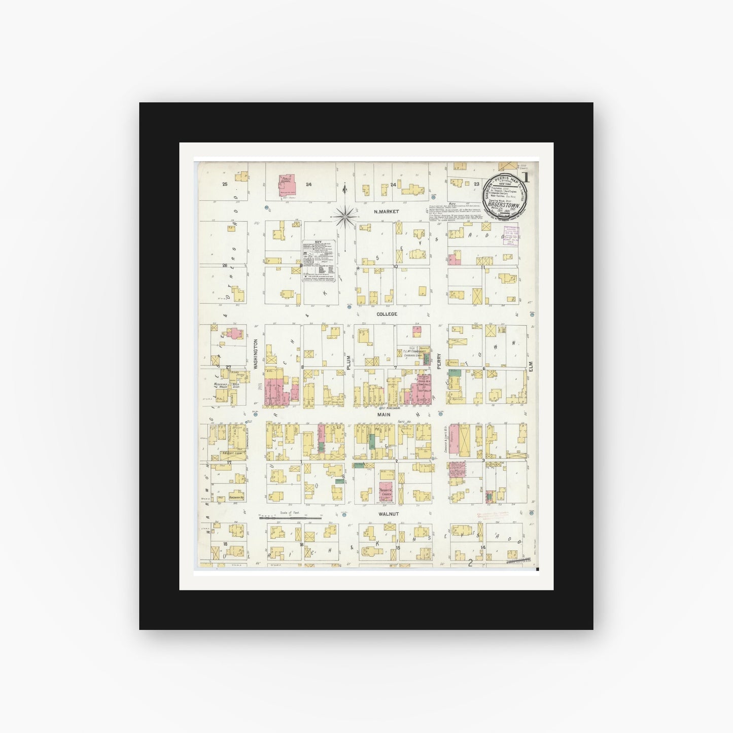 Old map wall art mockup — black gallery frame with white mat — Sanborn Fire Insurance Map from Hagerstown, Wayne County, Indiana (1901), Sheet #0001