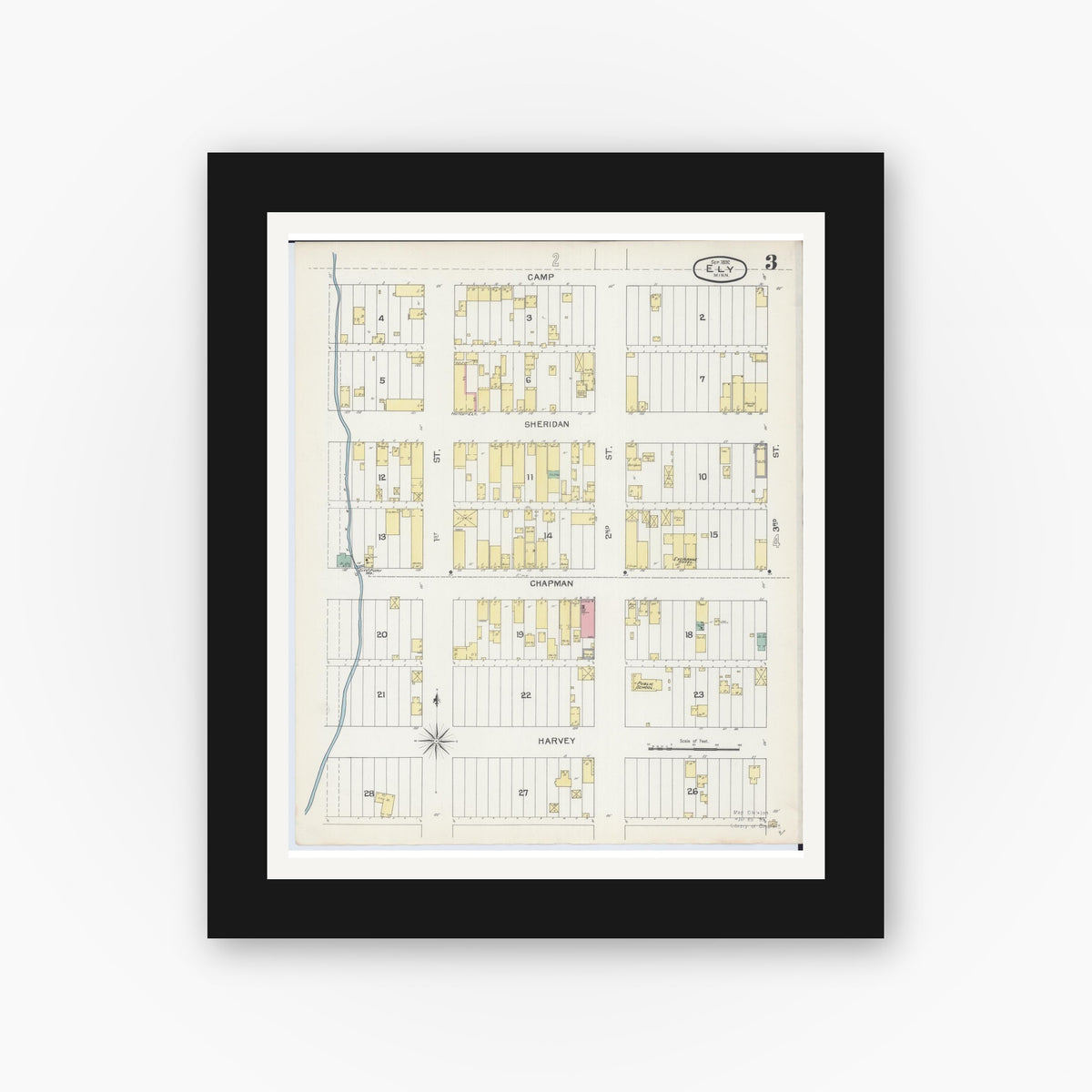 Old map wall art mockup — black gallery frame with white mat — Sanborn Fire Insurance Map from Ely, Saint Louis County, Minnesota (1892), Sheet #0003