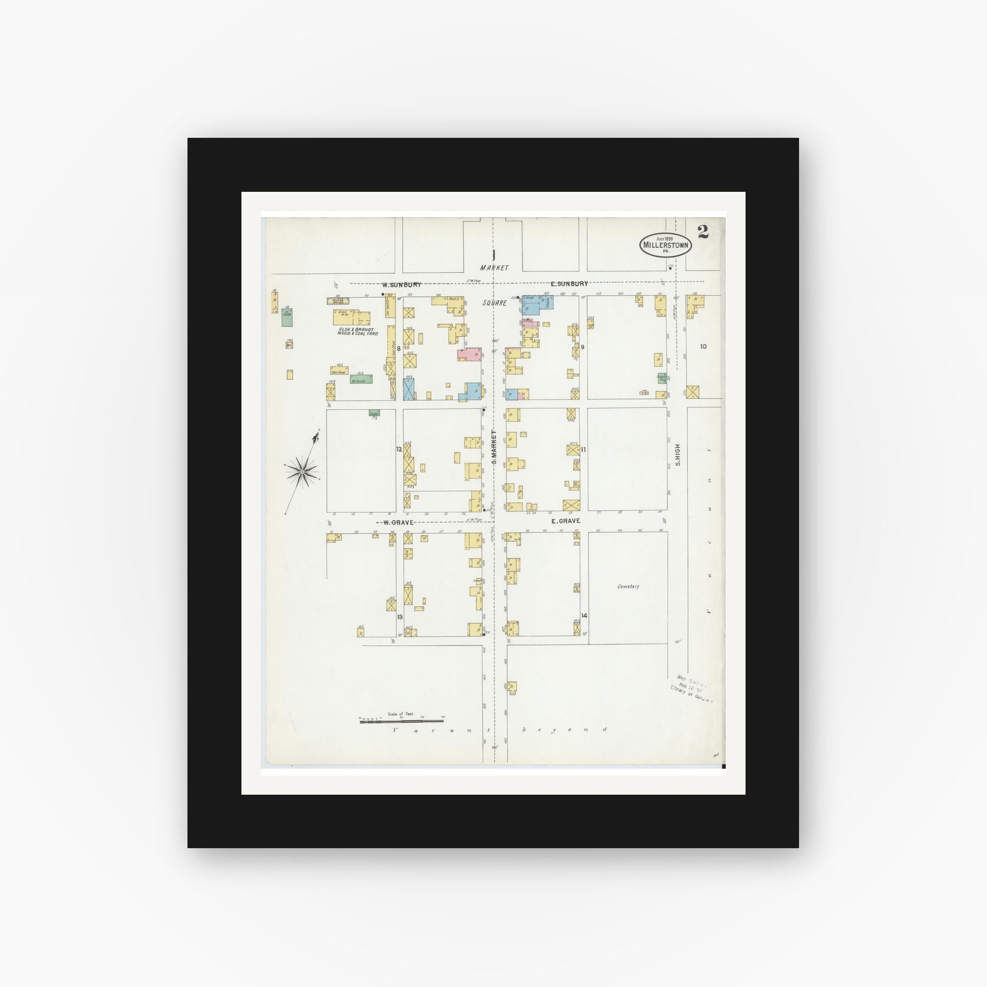 Old map wall art mockup — black gallery frame with white mat — Sanborn Fire Insurance Map from Millerstown, Perry County, Pennsylvania (1899), Sheet #0002
