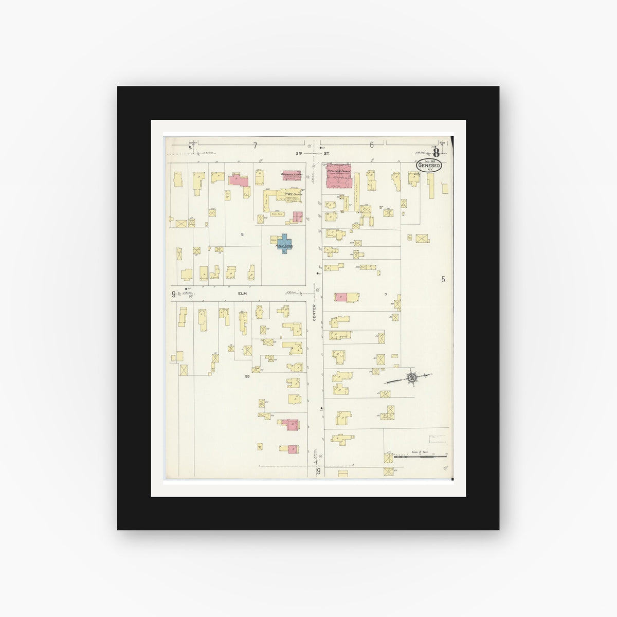 Old map wall art mockup — black gallery frame with white mat — Sanborn Fire Insurance Map from Geneseo, Livingston County, New York (1913), Sheet #0008