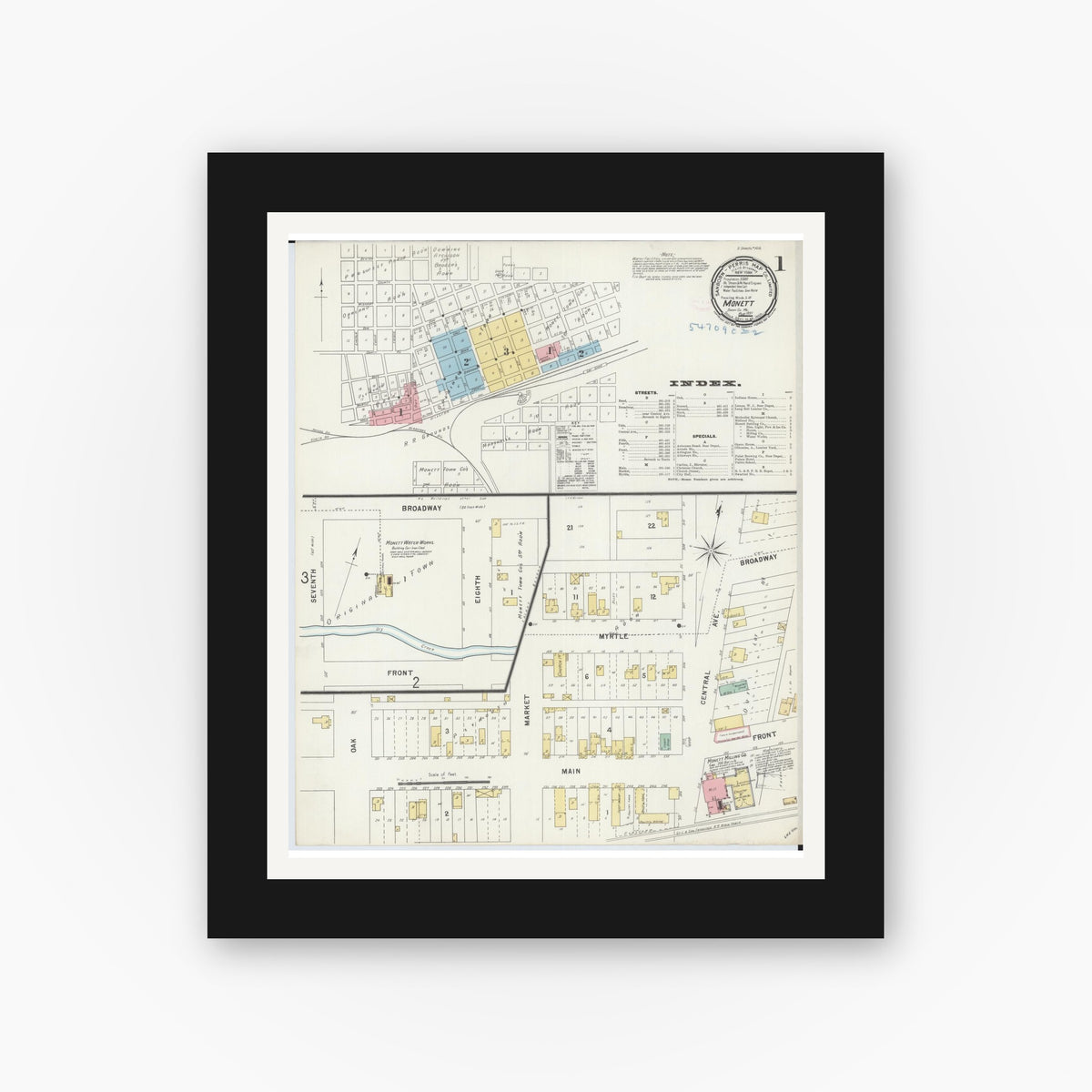 Old map wall art mockup — black gallery frame with white mat — Sanborn Fire Insurance Map from Monett, Barry County, Missouri (1897), Sheet #0001