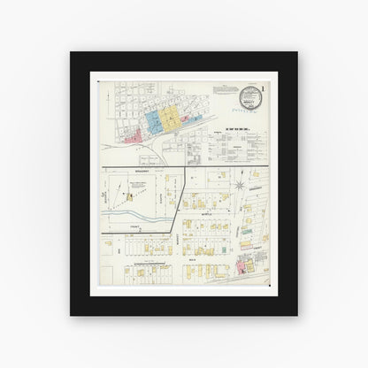 Old map wall art mockup — black gallery frame with white mat — Sanborn Fire Insurance Map from Monett, Barry County, Missouri (1897), Sheet #0001