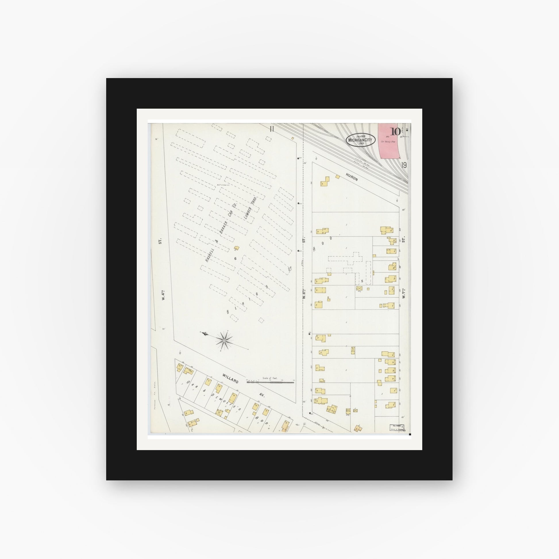 Old map wall art mockup — black gallery frame with white mat — Sanborn Fire Insurance Map from Michigan City, La Porte County, Indiana (1899), Sheet #0010
