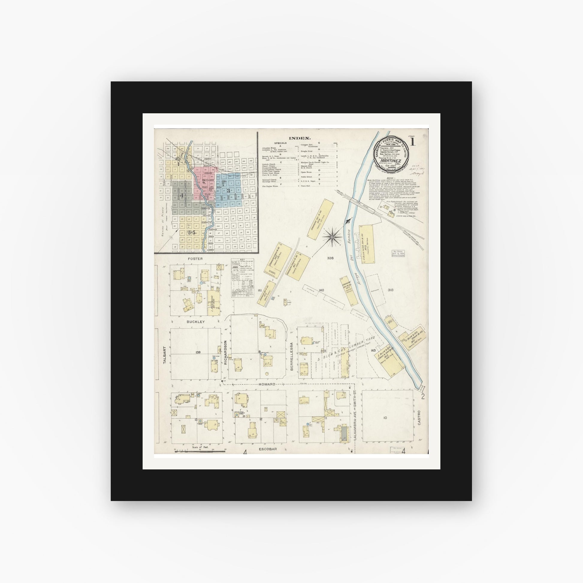 Old map wall art mockup — black gallery frame with white mat — Sanborn Fire Insurance Map from Martinez, Contra Costa County, California (1897) - Complete Map Set