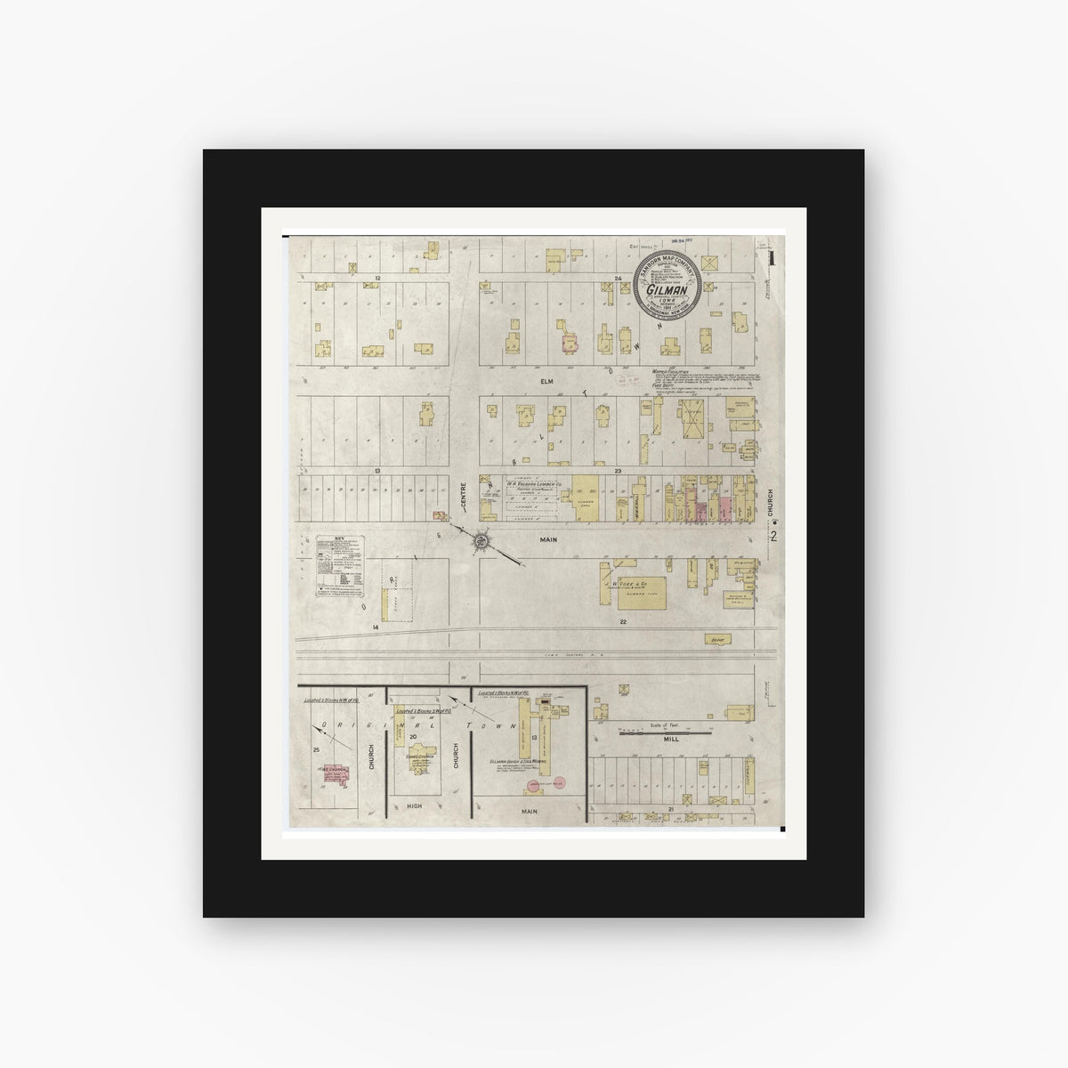 Old map wall art mockup — black gallery frame with white mat — Sanborn Fire Insurance Map from Gilman, Marshall County, Iowa (1911) â€” Complete Set