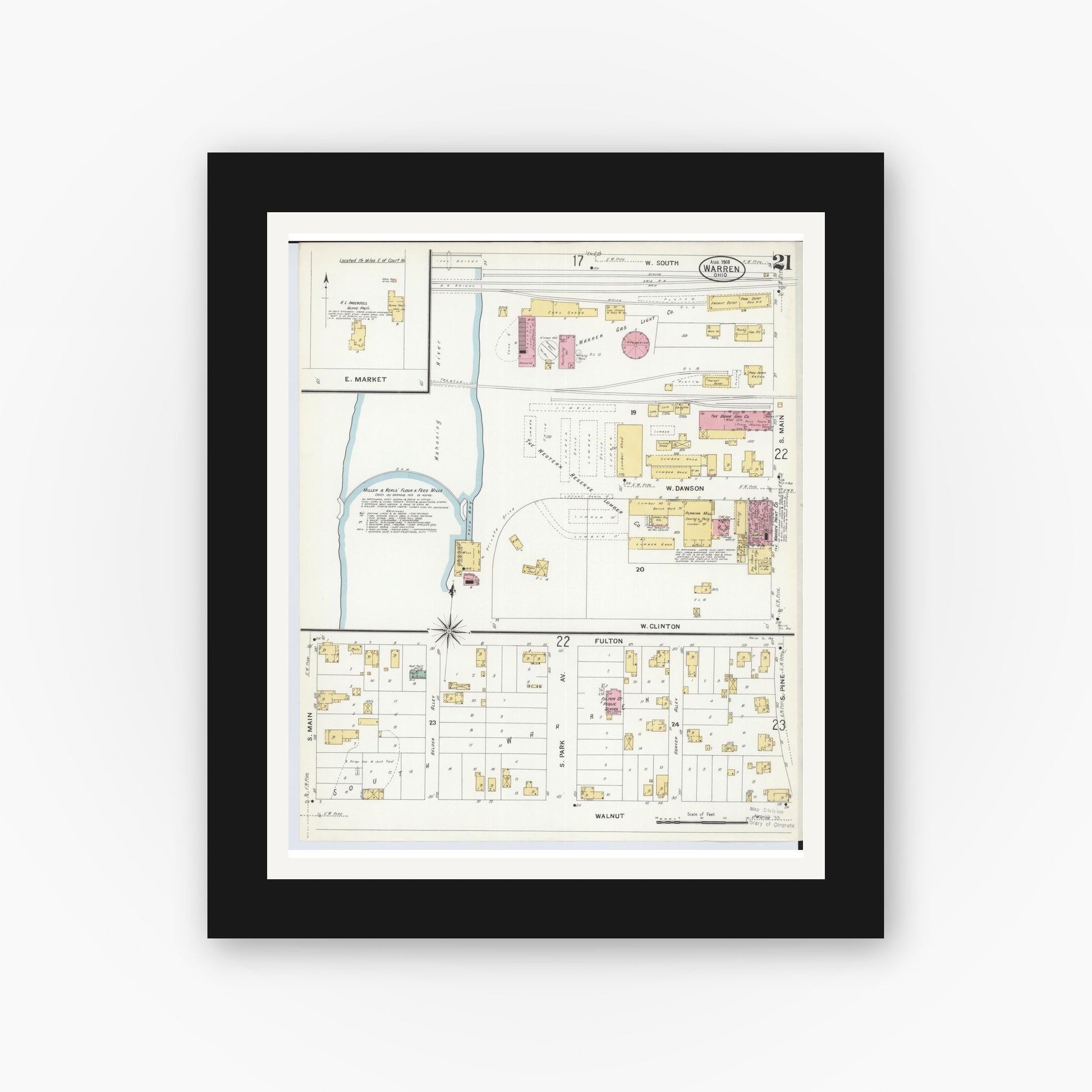 Old map wall art mockup — black gallery frame with white mat — Sanborn Fire Insurance Map from Warren, Trumbull County, Ohio (1908), Sheet #0021