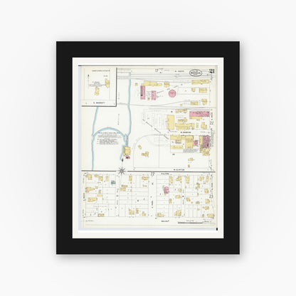 Old map wall art mockup — black gallery frame with white mat — Sanborn Fire Insurance Map from Warren, Trumbull County, Ohio (1908), Sheet #0021