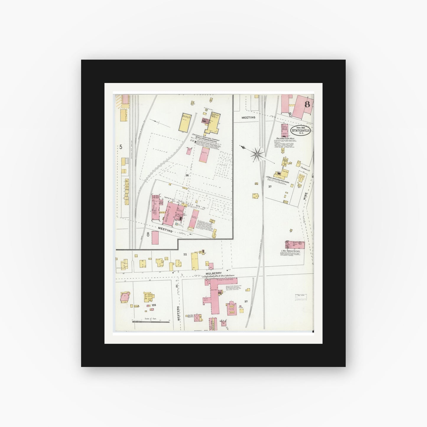 Old map wall art mockup — black gallery frame with white mat — Sanborn Fire Insurance Map from Statesville, Iredell County, North Carolina (1905), Sheet #0008