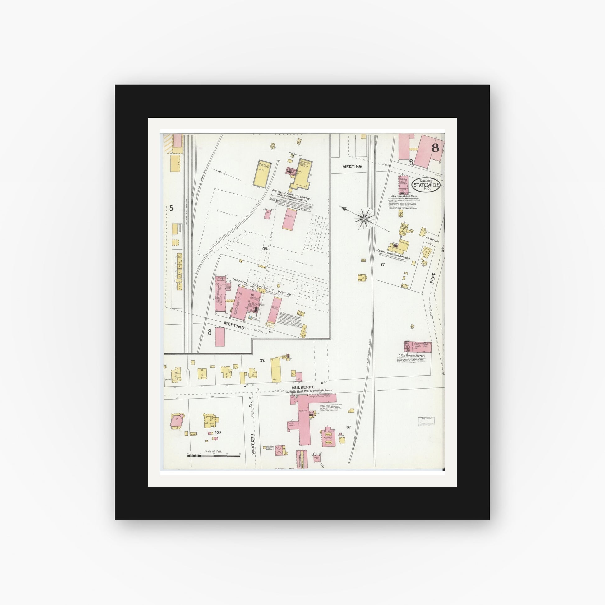 Old map wall art mockup — black gallery frame with white mat — Sanborn Fire Insurance Map from Statesville, Iredell County, North Carolina (1905), Sheet #0008