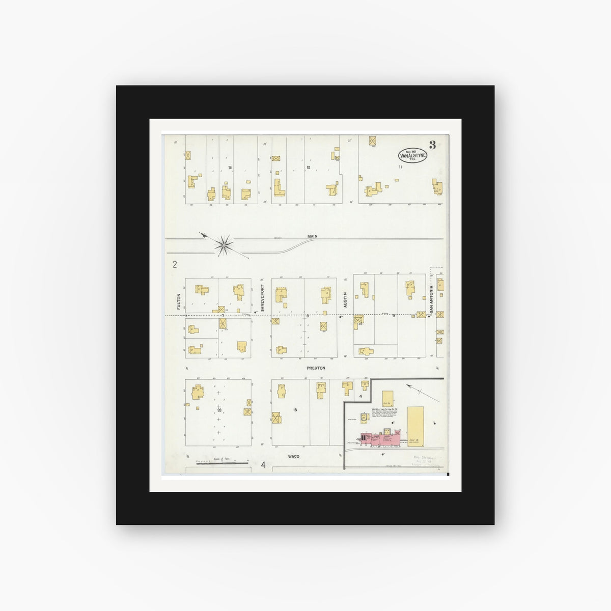 Old map wall art mockup — black gallery frame with white mat — Sanborn Fire Insurance Map from Van Alstyne, Grayson County, Texas (1901), Sheet #0003