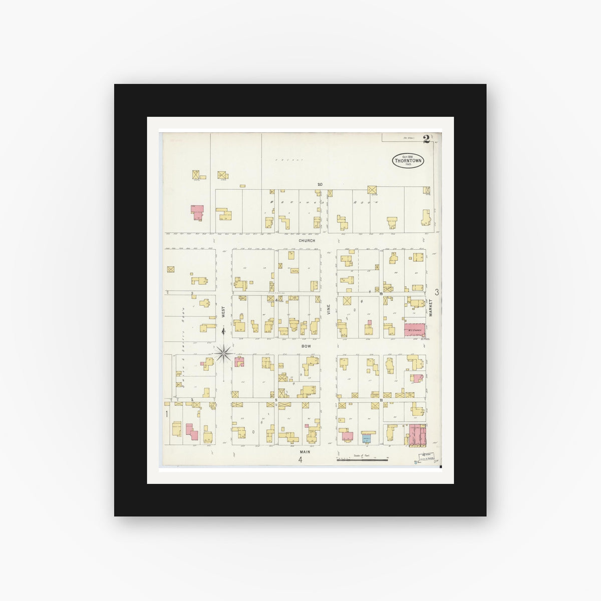 Old map wall art mockup — black gallery frame with white mat — Sanborn Fire Insurance Map from Thorntown, Boone County, Indiana (1898), Sheet #0002