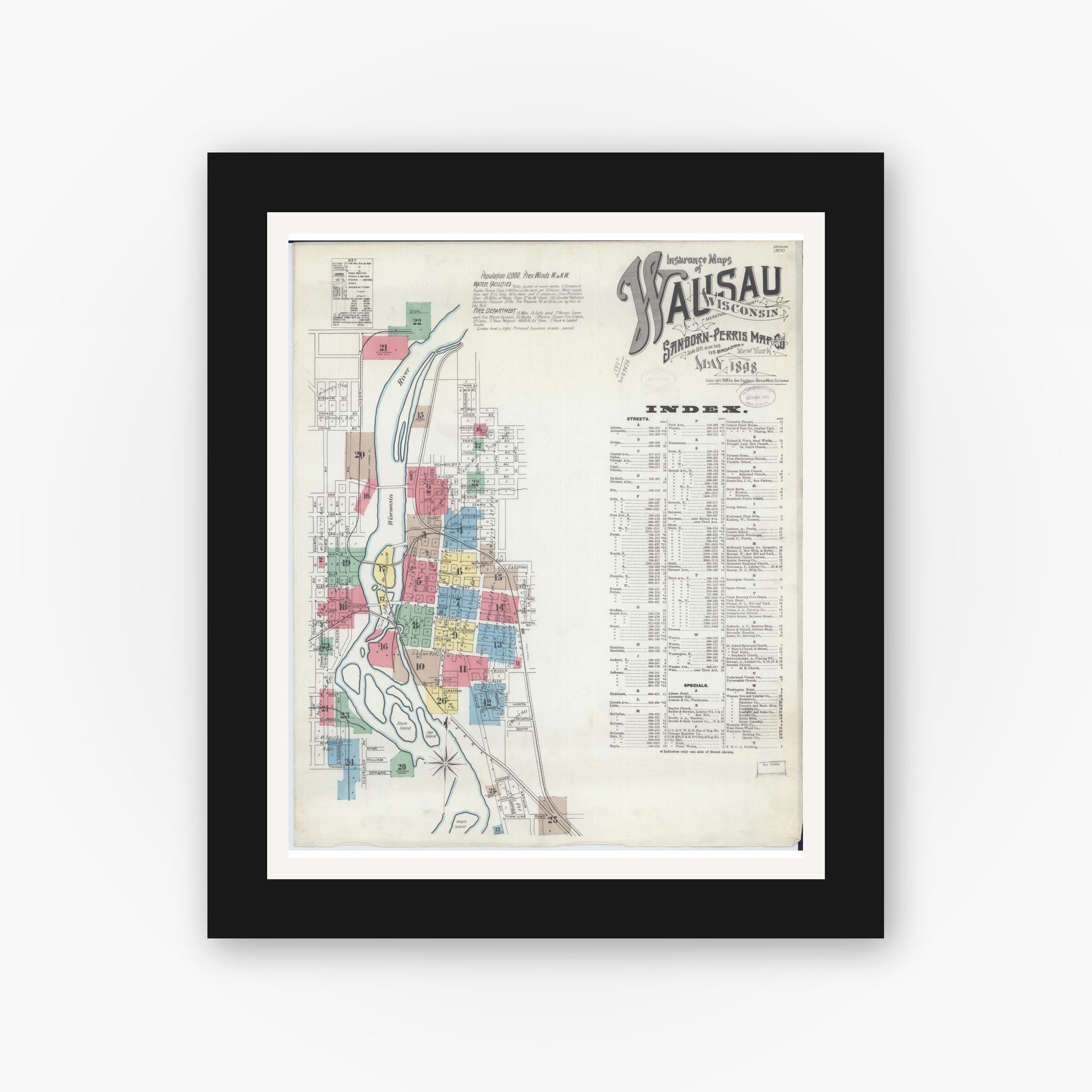 Old map wall art mockup — black gallery frame with white mat — Sanborn Fire Insurance Map from Wausau, Marathon County, Wisconsin (1898) - Complete Map Set