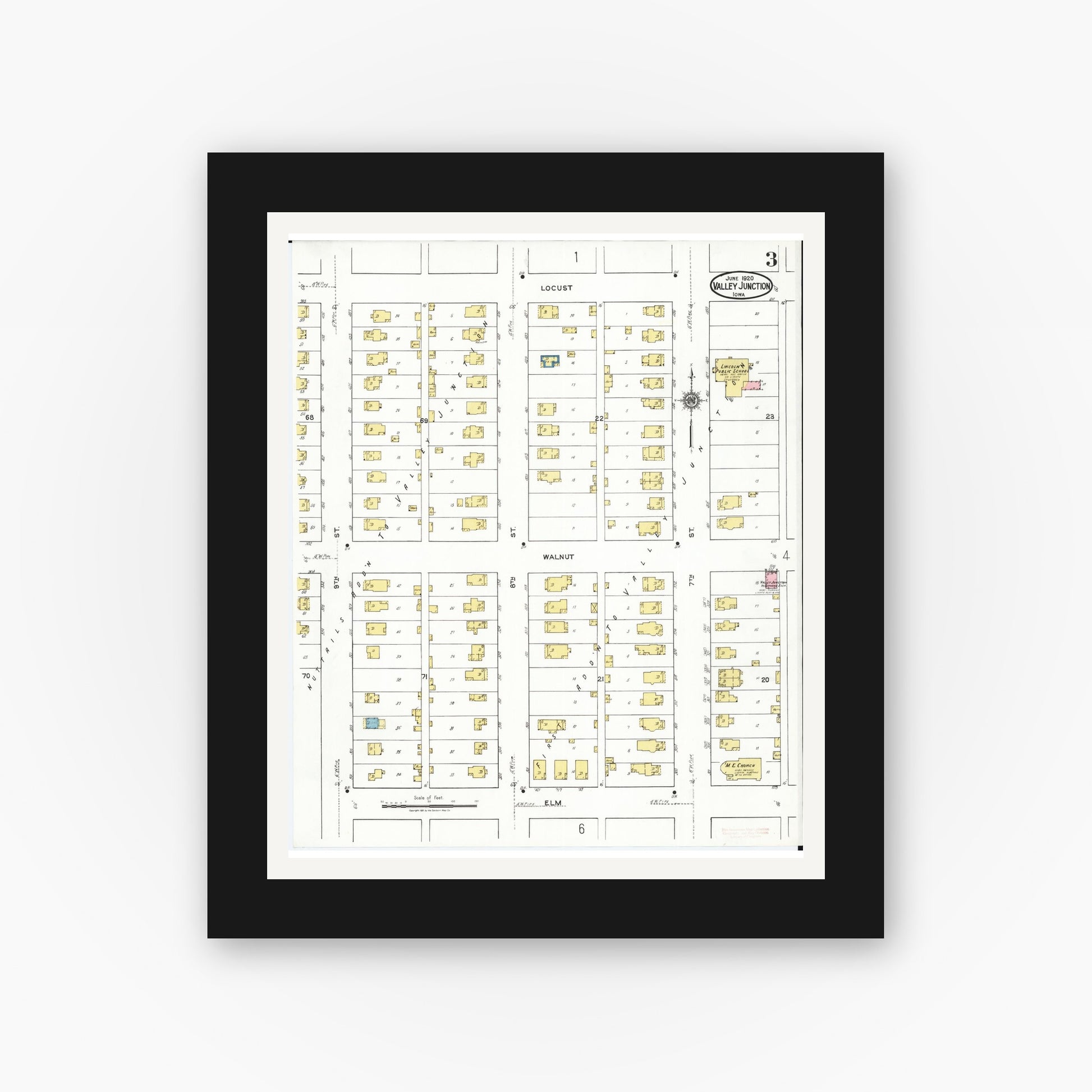 Old map wall art mockup — black gallery frame with white mat — Sanborn Fire Insurance Map from Valley Junction, Polk County, Iowa (1920), Sheet #0003