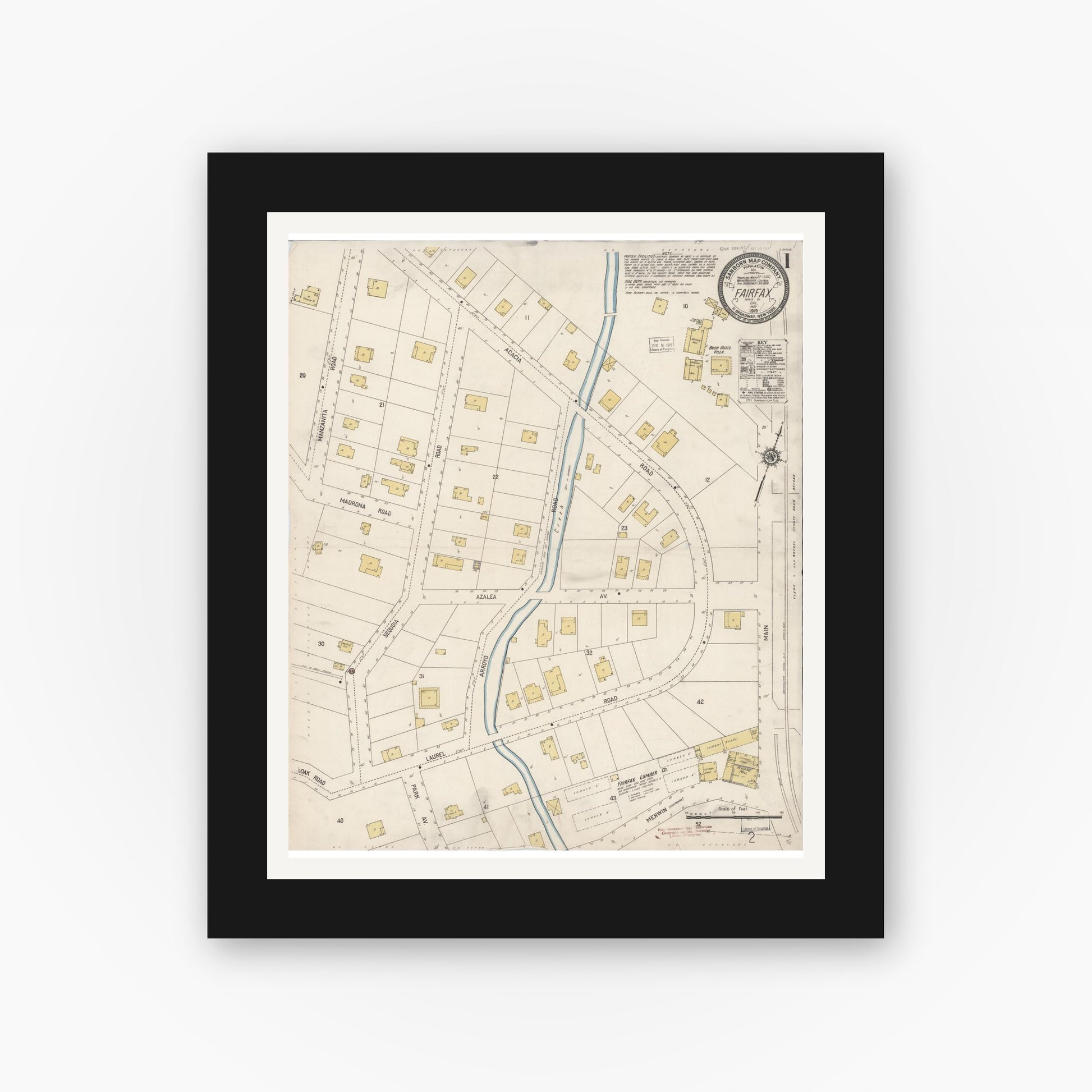 Old map wall art mockup — black gallery frame with white mat — Sanborn Fire Insurance Map from Fairfax, Marin County, California (1919) - Complete Map Set