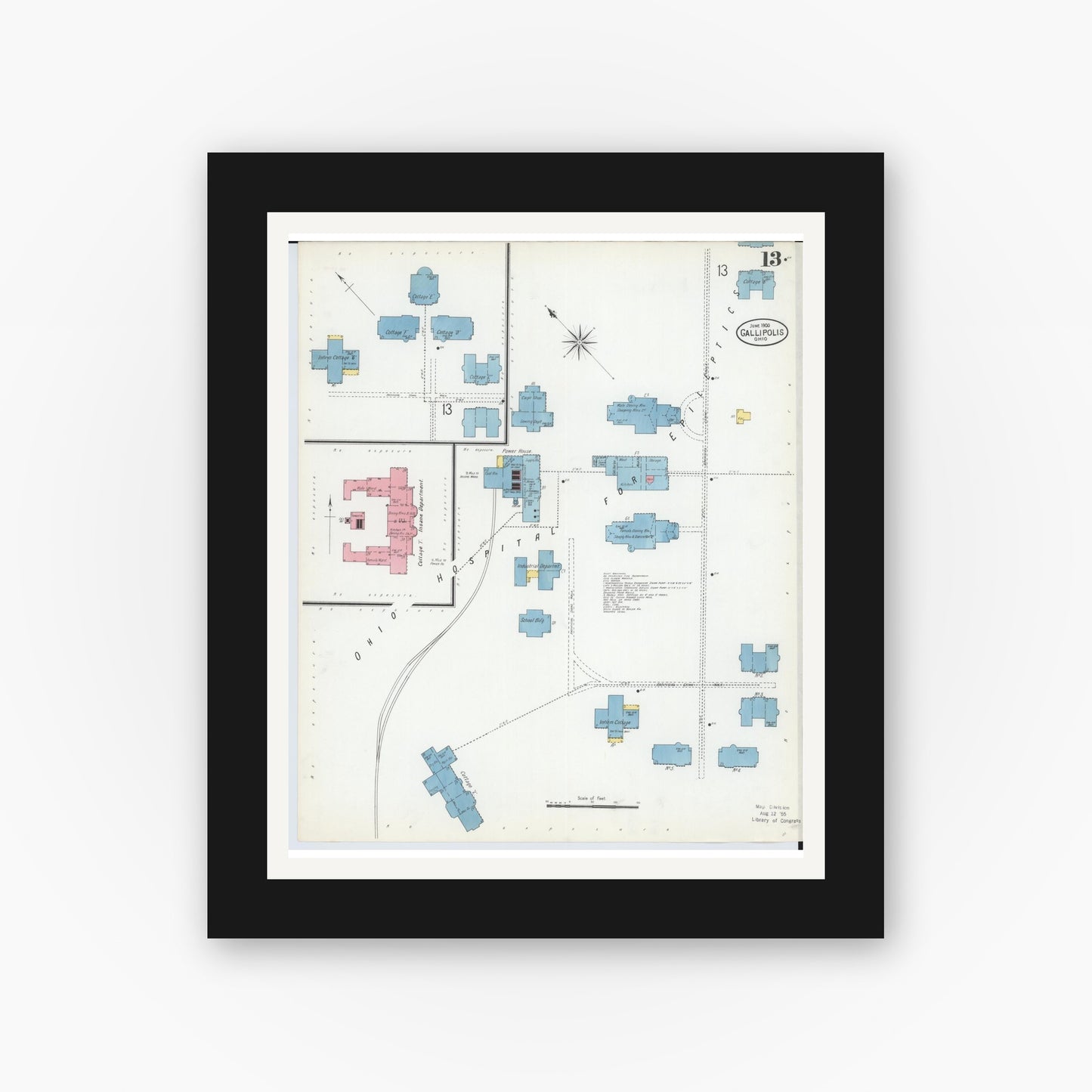 Old map wall art mockup — black gallery frame with white mat — Sanborn Fire Insurance Map from Gallipolis, Gallia County, Ohio (1900), Sheet #0013