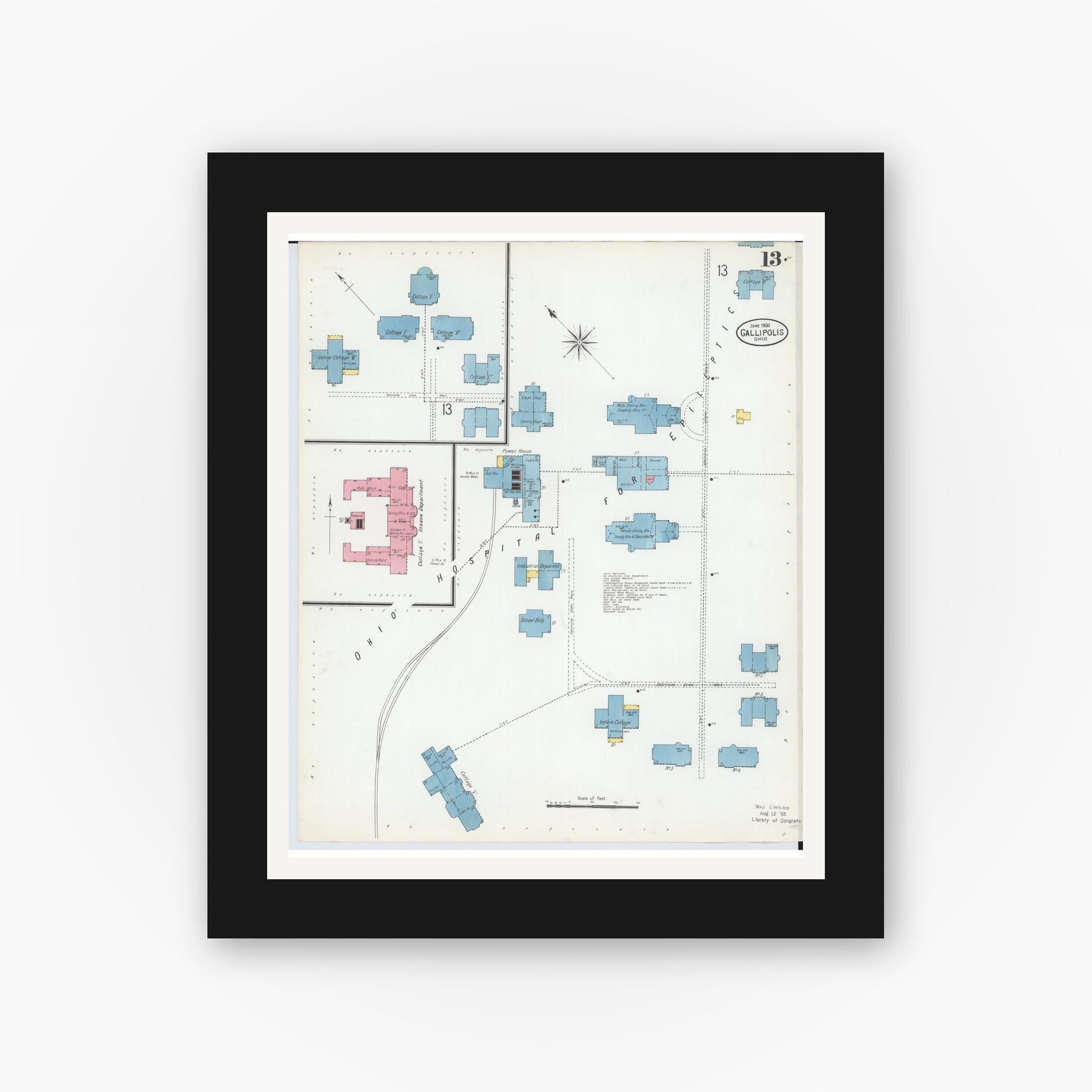 Old map wall art mockup — black gallery frame with white mat — Sanborn Fire Insurance Map from Gallipolis, Gallia County, Ohio (1900), Sheet #0013