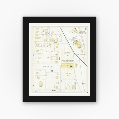 Old map wall art mockup — black gallery frame with white mat — Sanborn Fire Insurance Map from Gainesville, Cooke County, Texas (1902), Sheet #0003