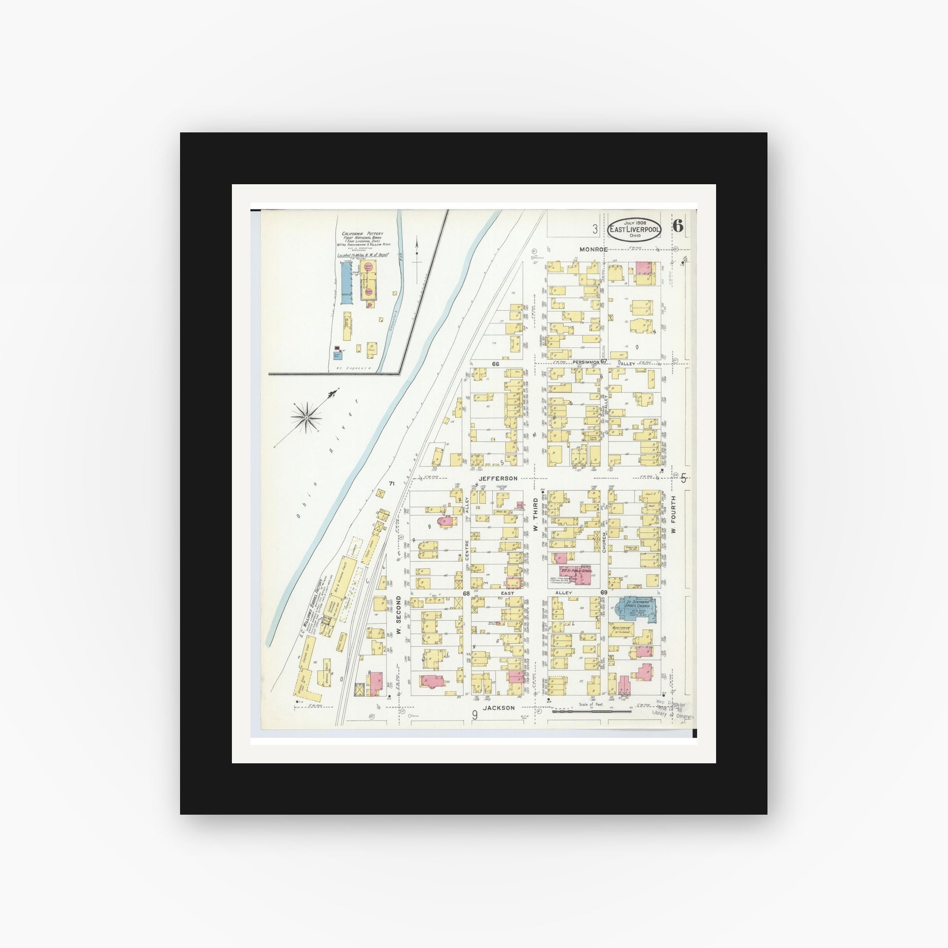 Old map wall art mockup — black gallery frame with white mat — Sanborn Fire Insurance Map from East Liverpool, Columbiana County, Ohio (1908), Sheet #0006