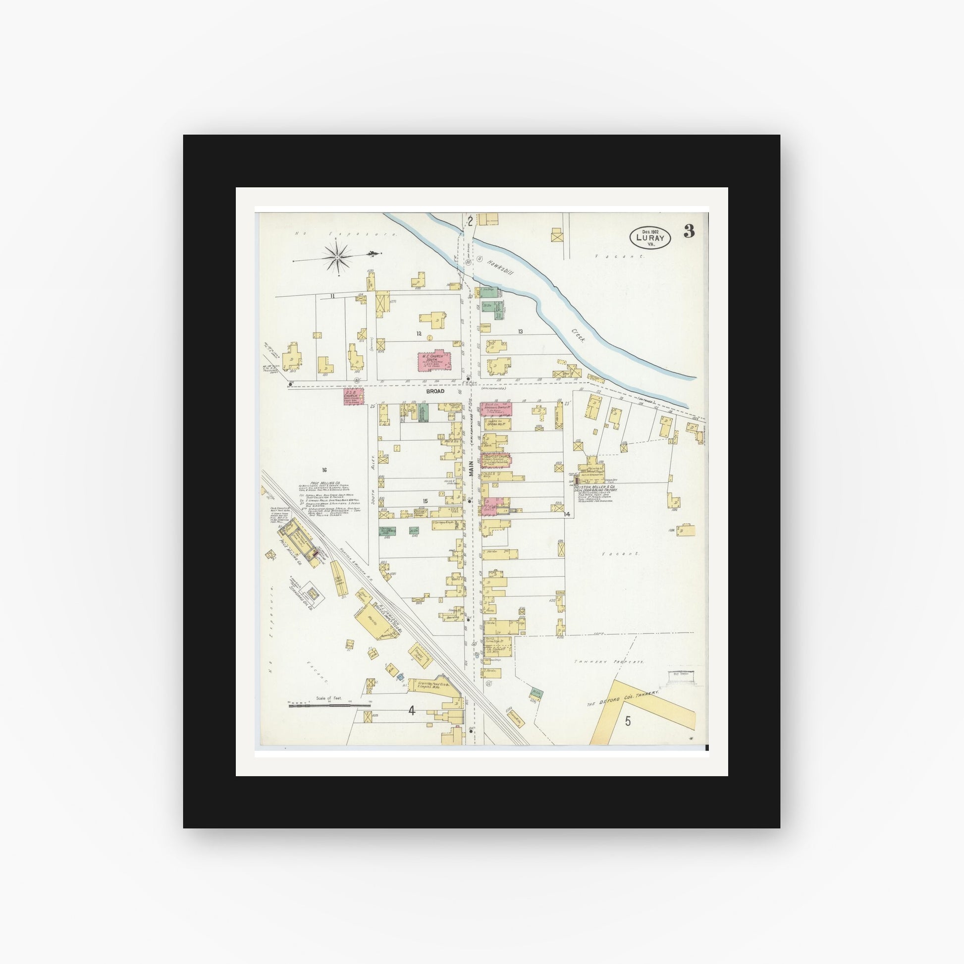 Old map wall art mockup — black gallery frame with white mat — Sanborn Fire Insurance Map from Luray, Page County, Virginia (1902), Sheet #0003