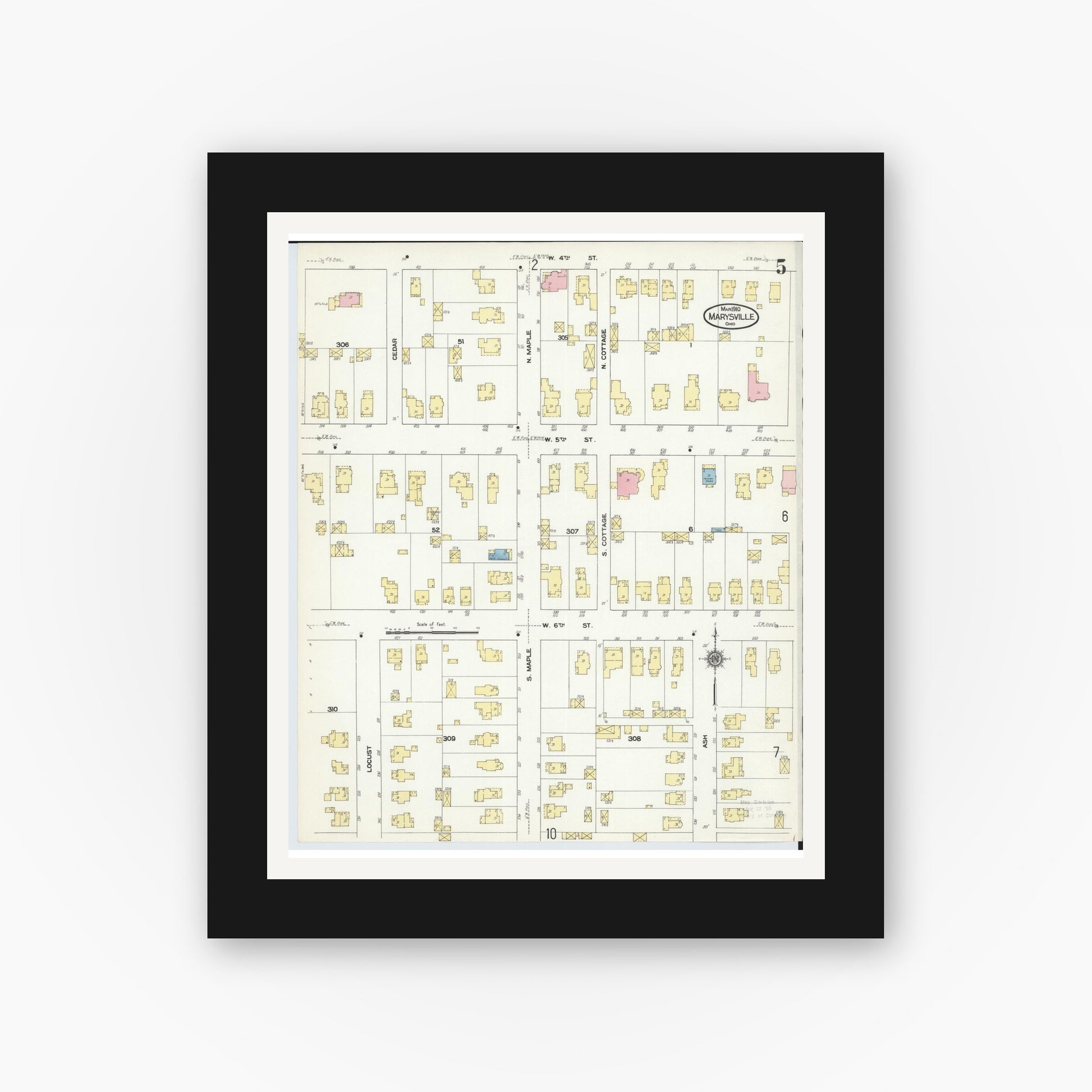 Old map wall art mockup — black gallery frame with white mat — Sanborn Fire Insurance Map from Marysville, Union County, Ohio (1910), Sheet #0005