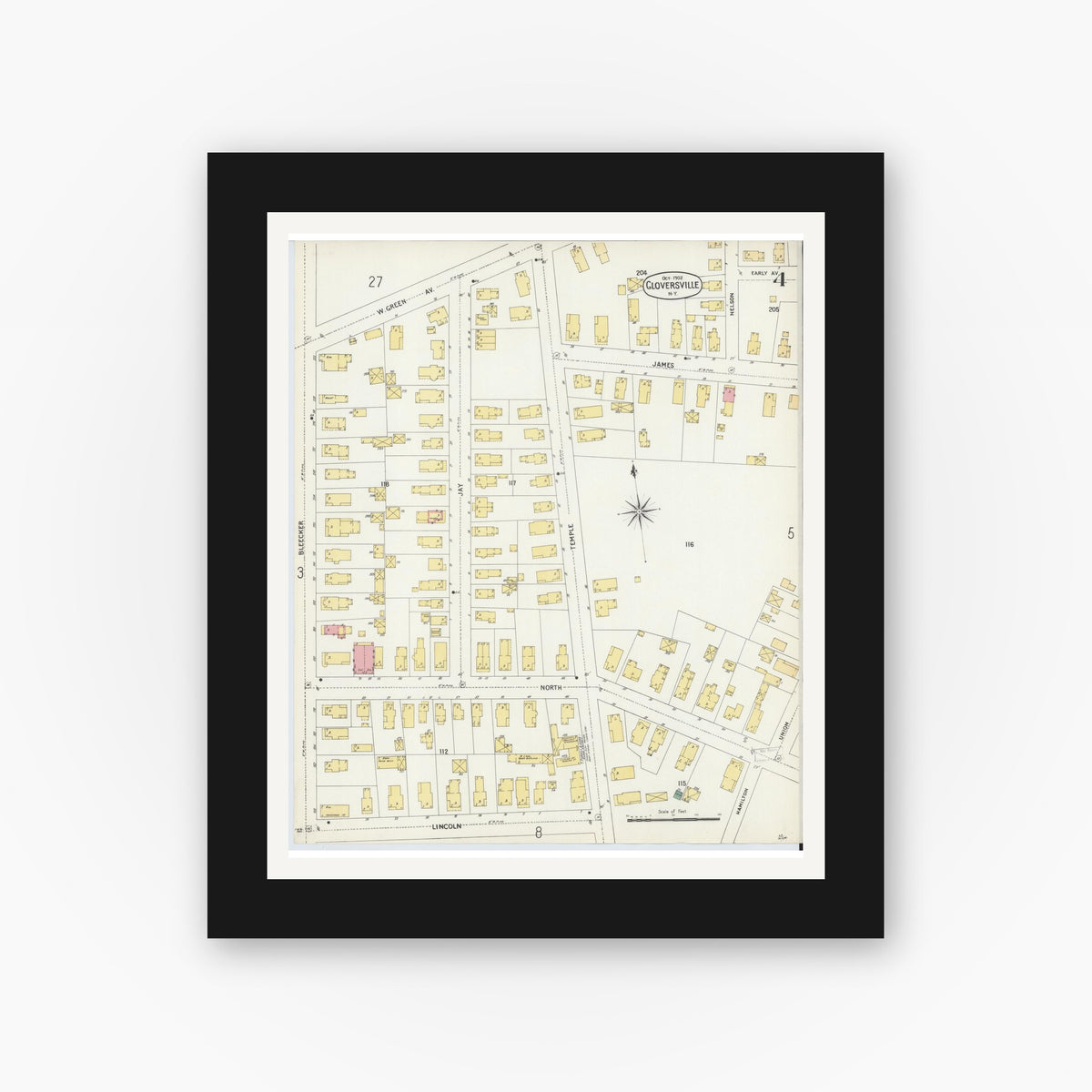 Old map wall art mockup — black gallery frame with white mat — Sanborn Fire Insurance Map from Gloversville, Fulton County, New York (1902), Sheet #0004