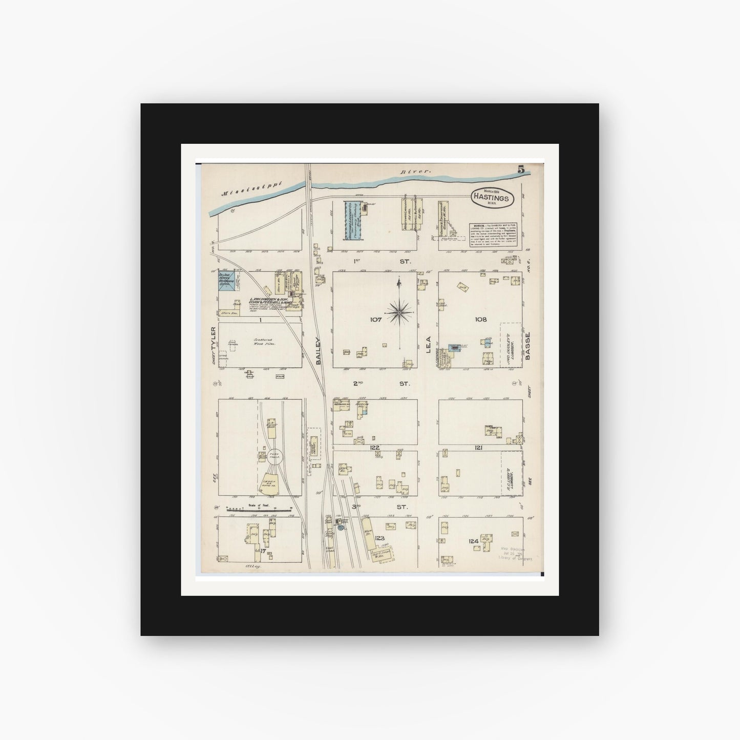 Old map wall art mockup — black gallery frame with white mat — Sanborn Fire Insurance Map from Hastings, Dakota County, Minnesota (1884), Sheet #0005