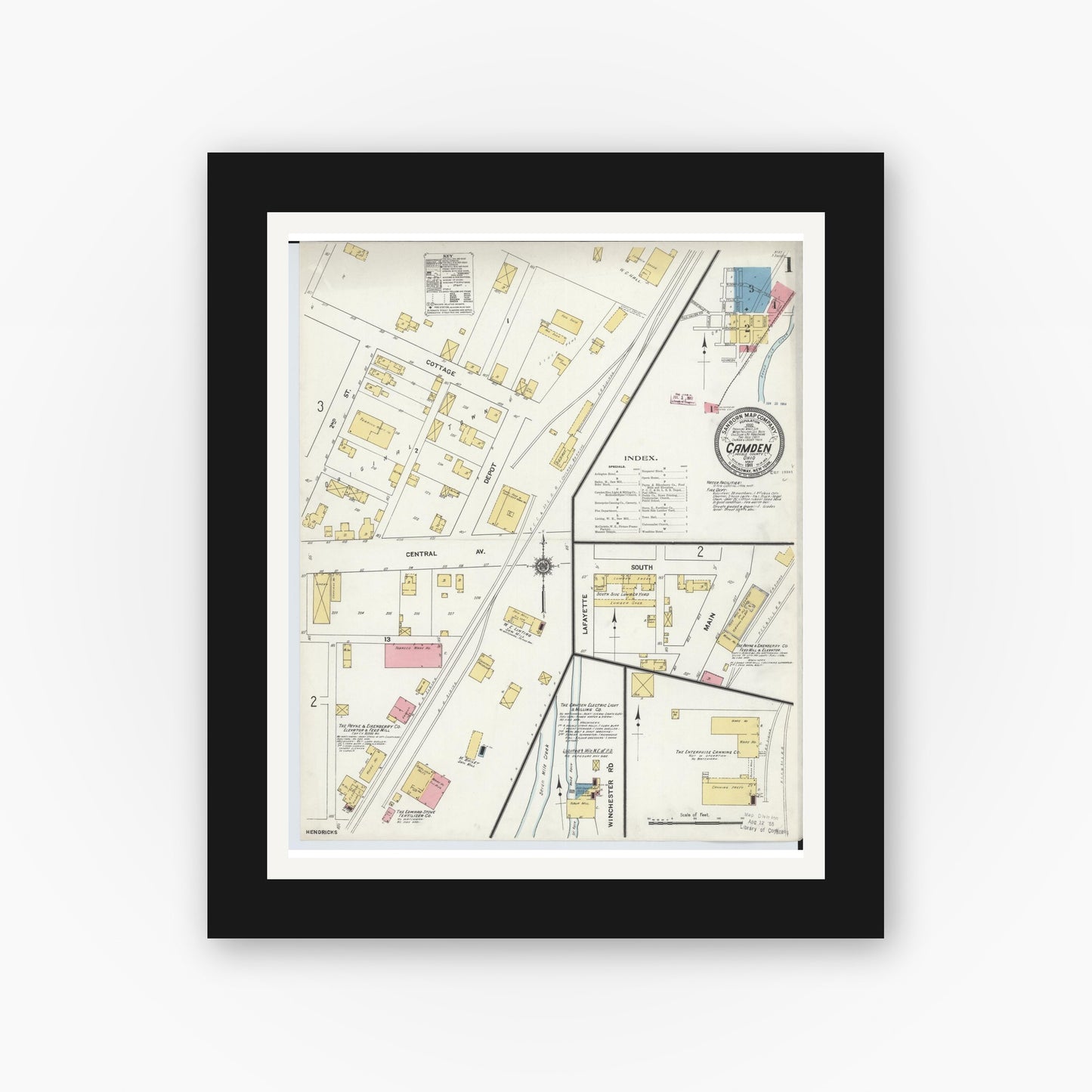Old map wall art mockup — black gallery frame with white mat — Sanborn Fire Insurance Map from Camden, Preble County, Ohio (1911), Sheet #0001