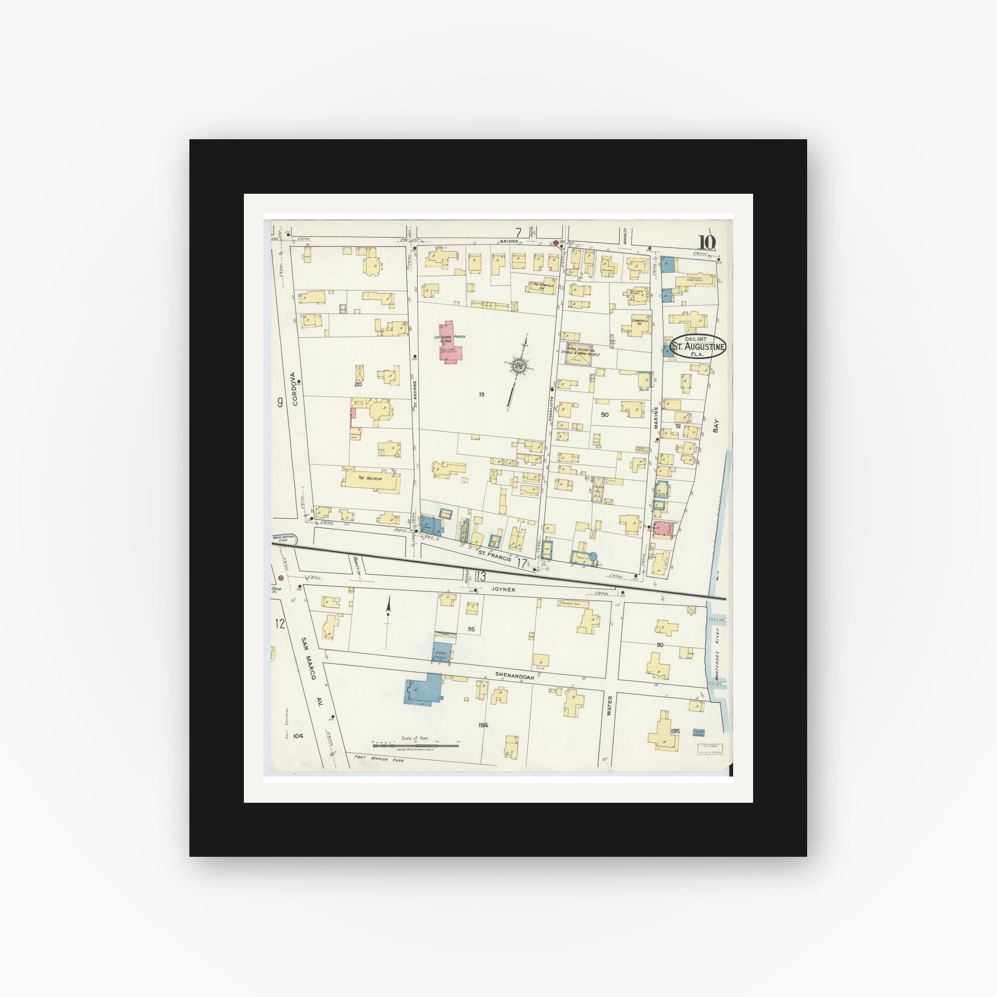 Old map wall art mockup — black gallery frame with white mat — Sanborn Fire Insurance Map from Saint Augustine, Saint John's County, Florida (1917), Sheet #0010