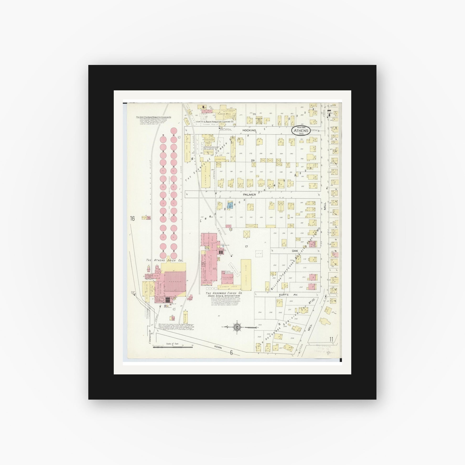 Old map wall art mockup — black gallery frame with white mat — Sanborn Fire Insurance Map from Athens, Athens County, Ohio (1914), Sheet #0007