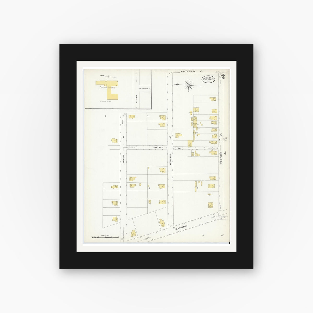 Old map wall art mockup — black gallery frame with white mat — Sanborn Fire Insurance Map from Pitman, Gloucester County, New Jersey (1908), Sheet #0002