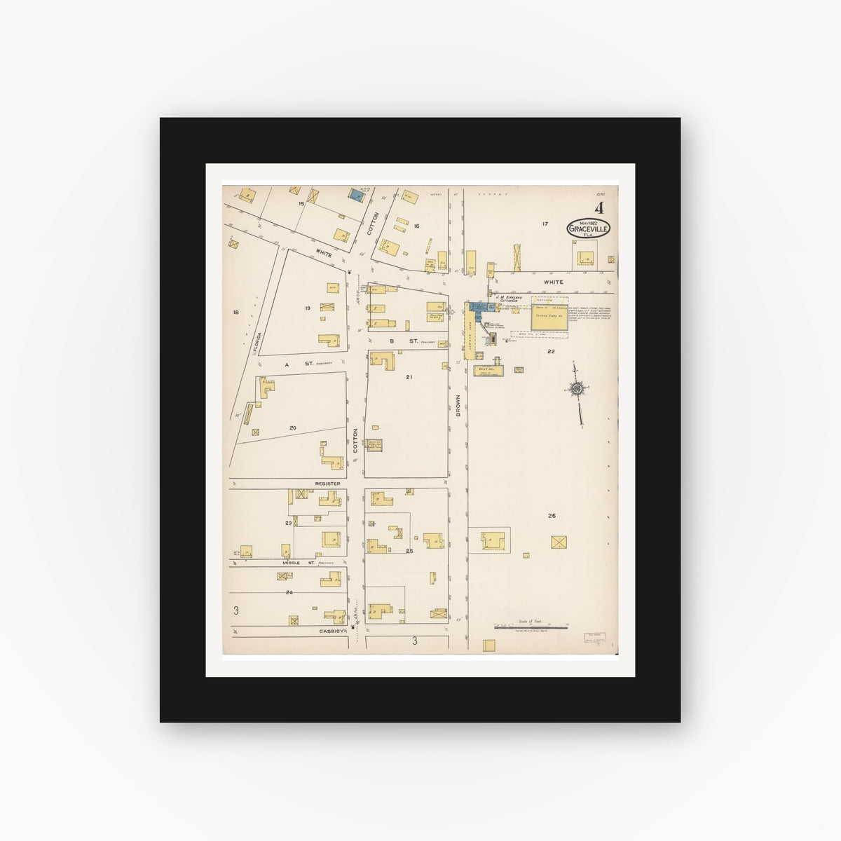 Old map wall art mockup — black gallery frame with white mat — Sanborn Fire Insurance Map from Graceville, Jackson County, Florida (1922), Sheet #0004
