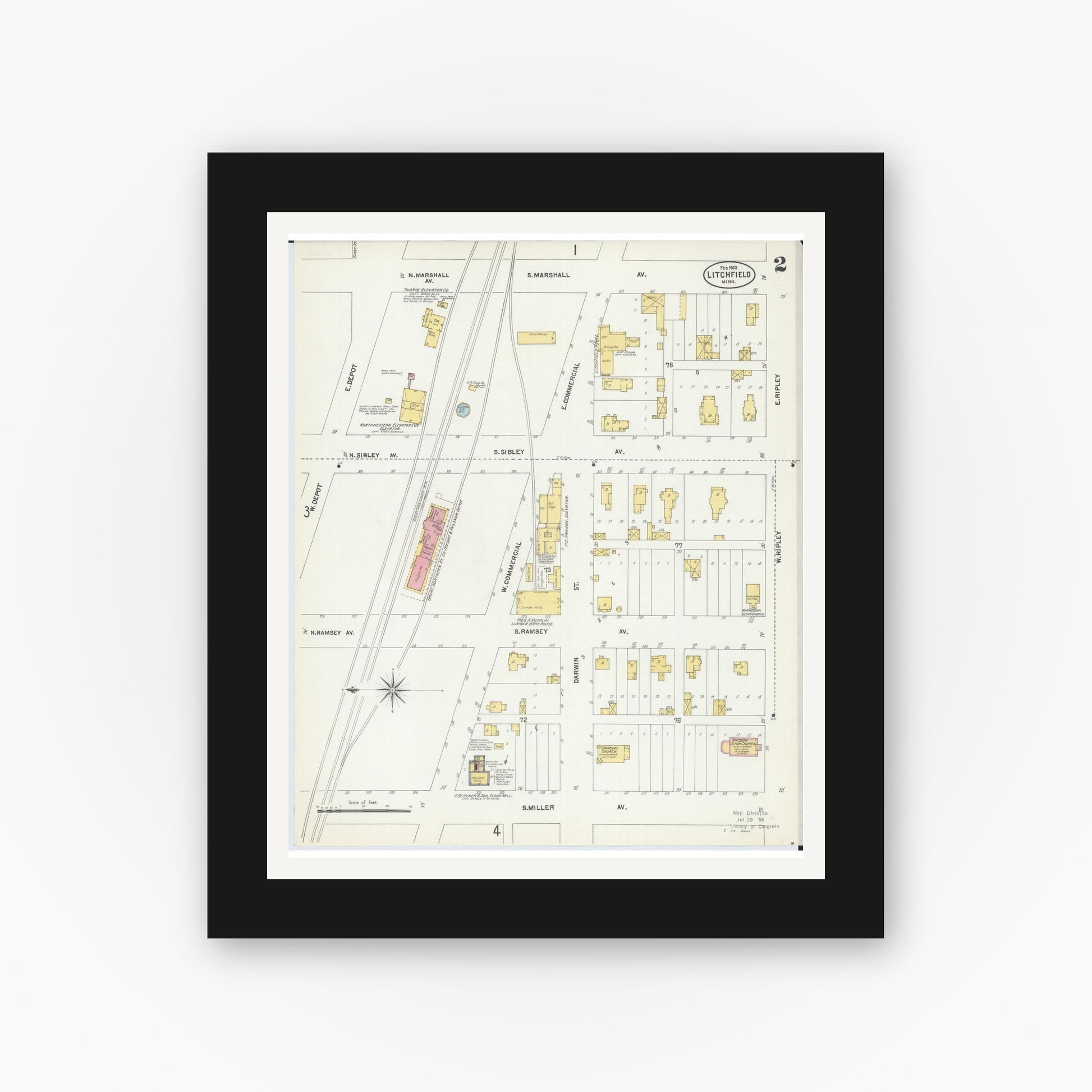 Old map wall art mockup — black gallery frame with white mat — Sanborn Fire Insurance Map from Litchfield, Meeker County, Minnesota (1903), Sheet #0002