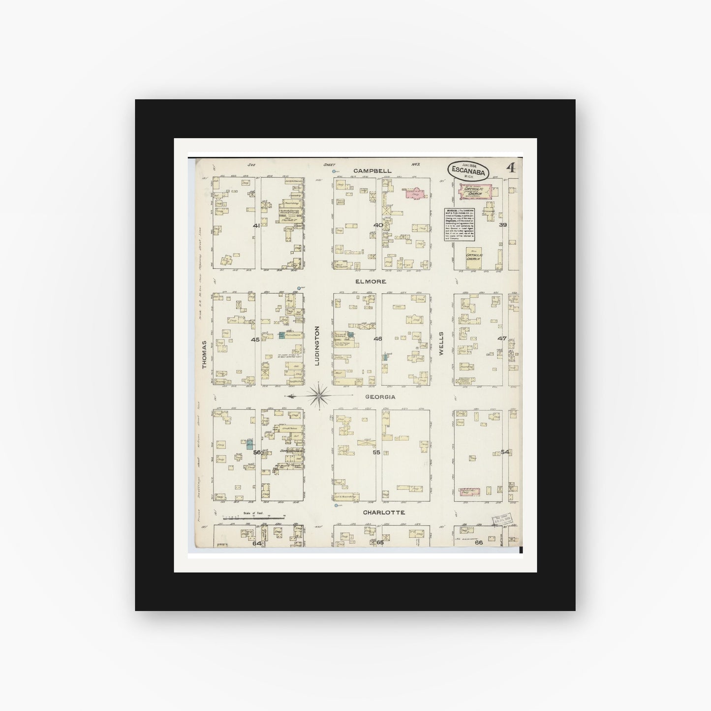 Old map wall art mockup — black gallery frame with white mat — Sanborn Fire Insurance Map from Escanaba, Delta County, Michigan (1884), Sheet #0004