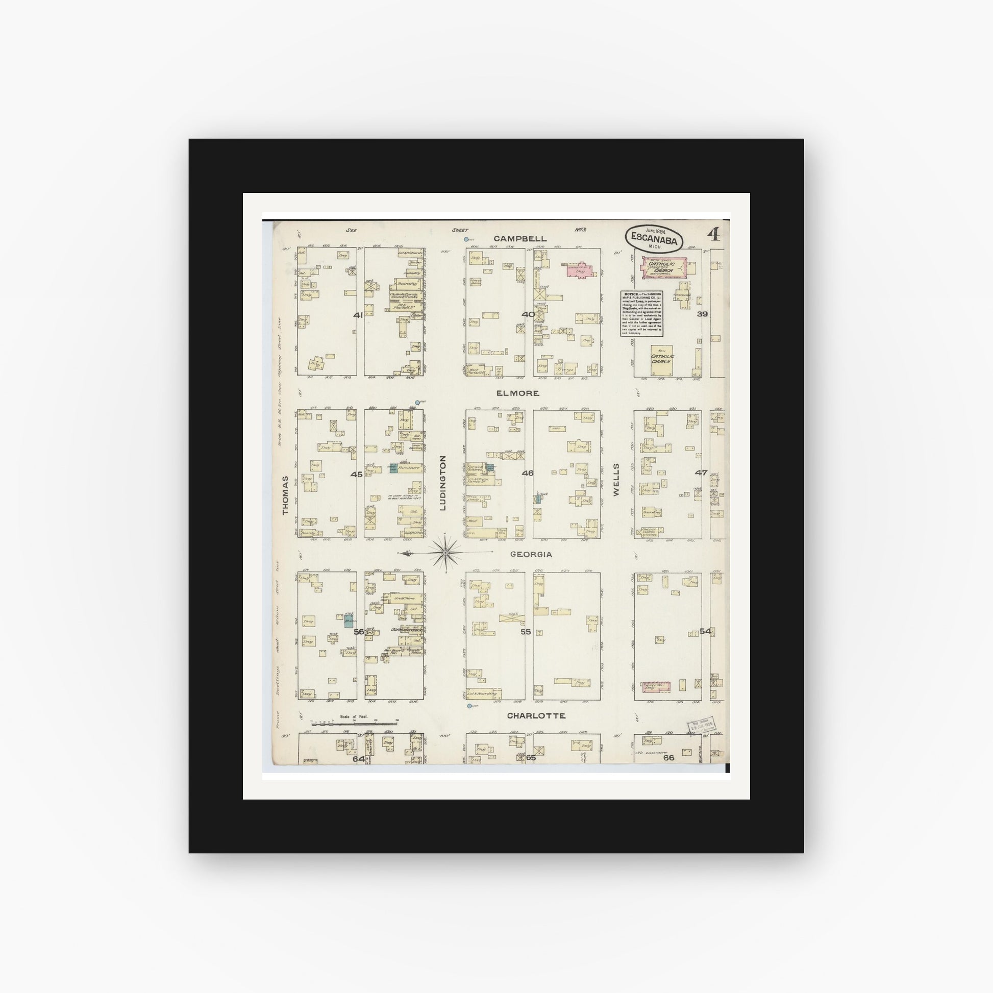 Old map wall art mockup — black gallery frame with white mat — Sanborn Fire Insurance Map from Escanaba, Delta County, Michigan (1884), Sheet #0004