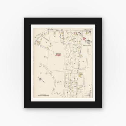 Old map wall art mockup — black gallery frame with white mat — Sanborn Fire Insurance Map from Arlington, Middlesex County, Massachusetts (1922), Sheet #0025