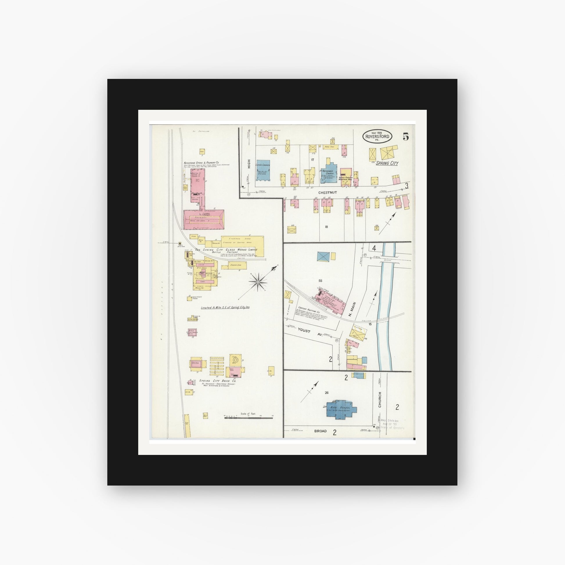 Old map wall art mockup — black gallery frame with white mat — Sanborn Fire Insurance Map from Royersford, Montgomery County, Pennsylvania (1909), Sheet #0005