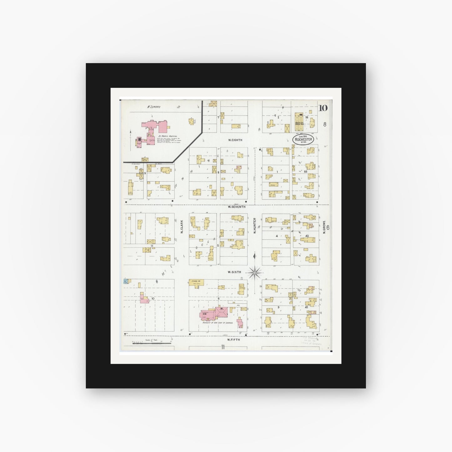 Old map wall art mockup — black gallery frame with white mat — Sanborn Fire Insurance Map from Rochester, Olmsted County, Minnesota (1899), Sheet #0010